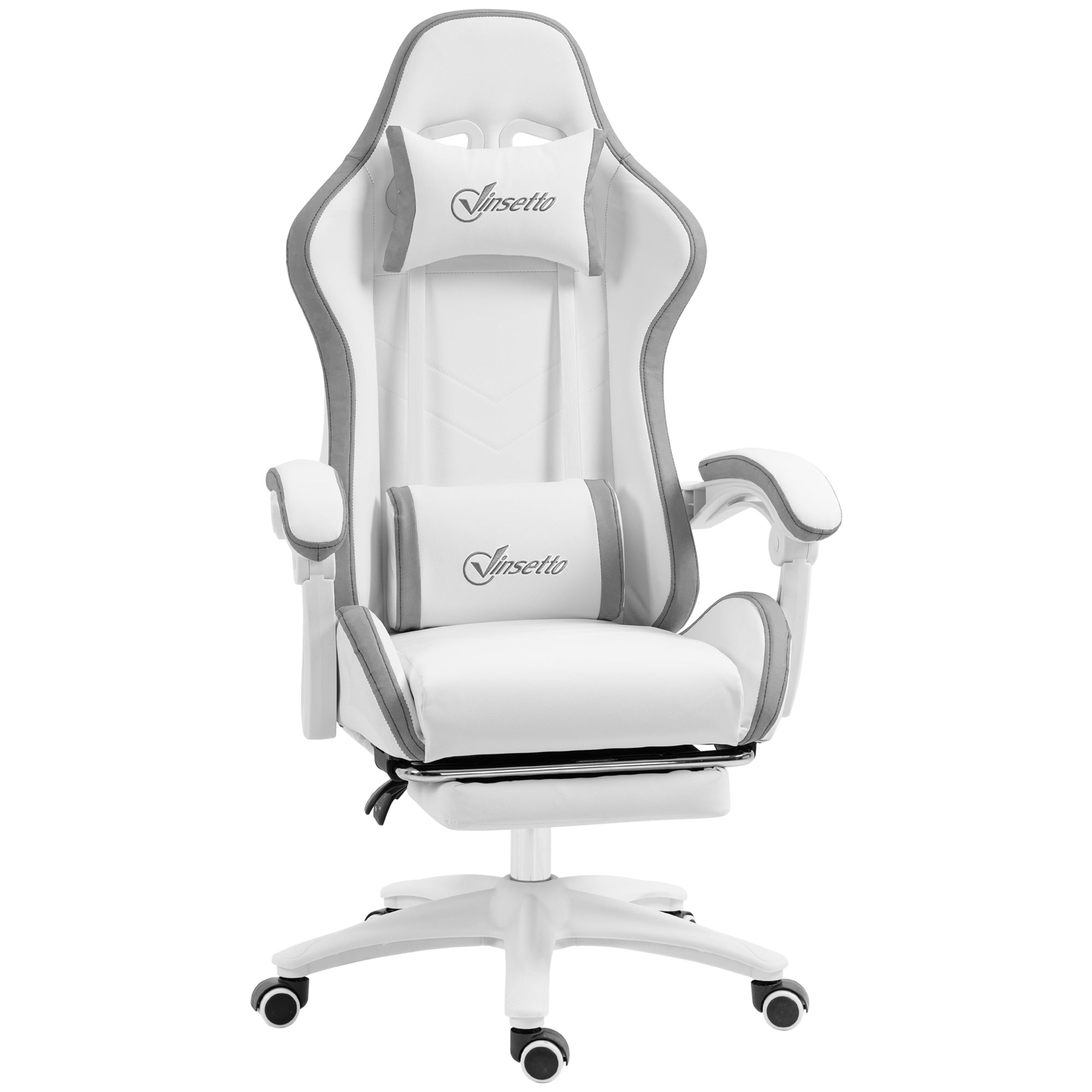Vinsetto Computer Gaming Chair, PU Leather Desk Chair with Footrest, Swivel Task Chair with 135√Ç¬∞ Reclining Back and Lumbar Support, PC Chair for Adults, White and Grey