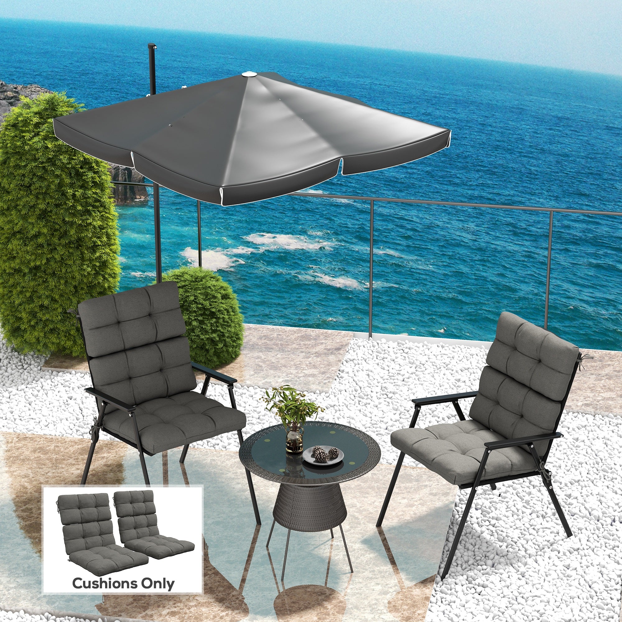 Outsunny 2-Piece Seat Cushion Replacement with Backrest, Garden Patio Chair Cushions Set with Ties, Charcoal Grey