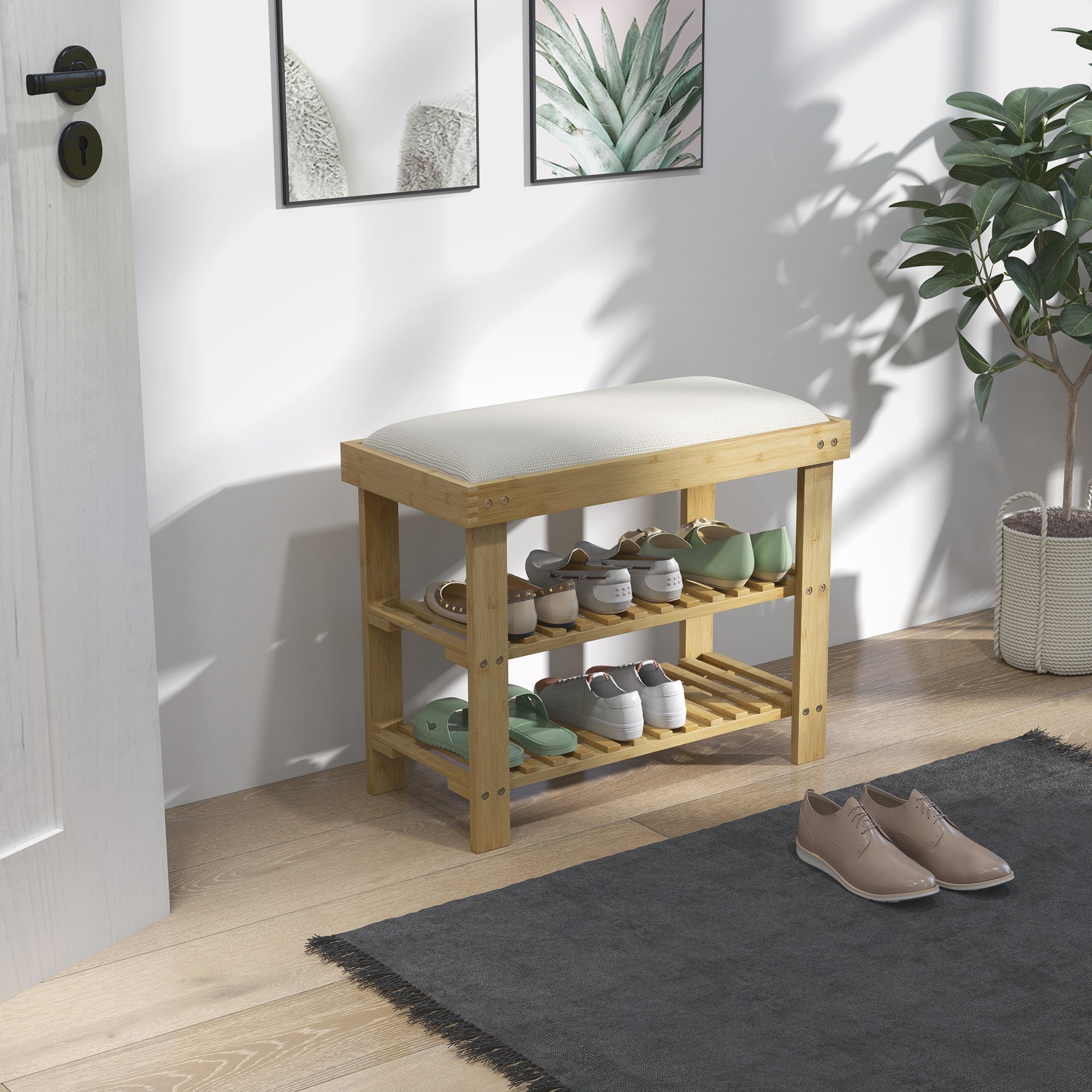 HOMCOM Bamboo Shoe Storage Bench, 3-Tier Shoe Bench with Seat Cushion, Shoe Rack for Entryway, Hallway, Living Room, Bedroom, Cream White
