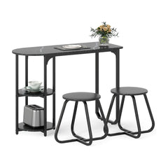 Table and 2 Bar Stools Set with adjustable legs in black marble effect finish