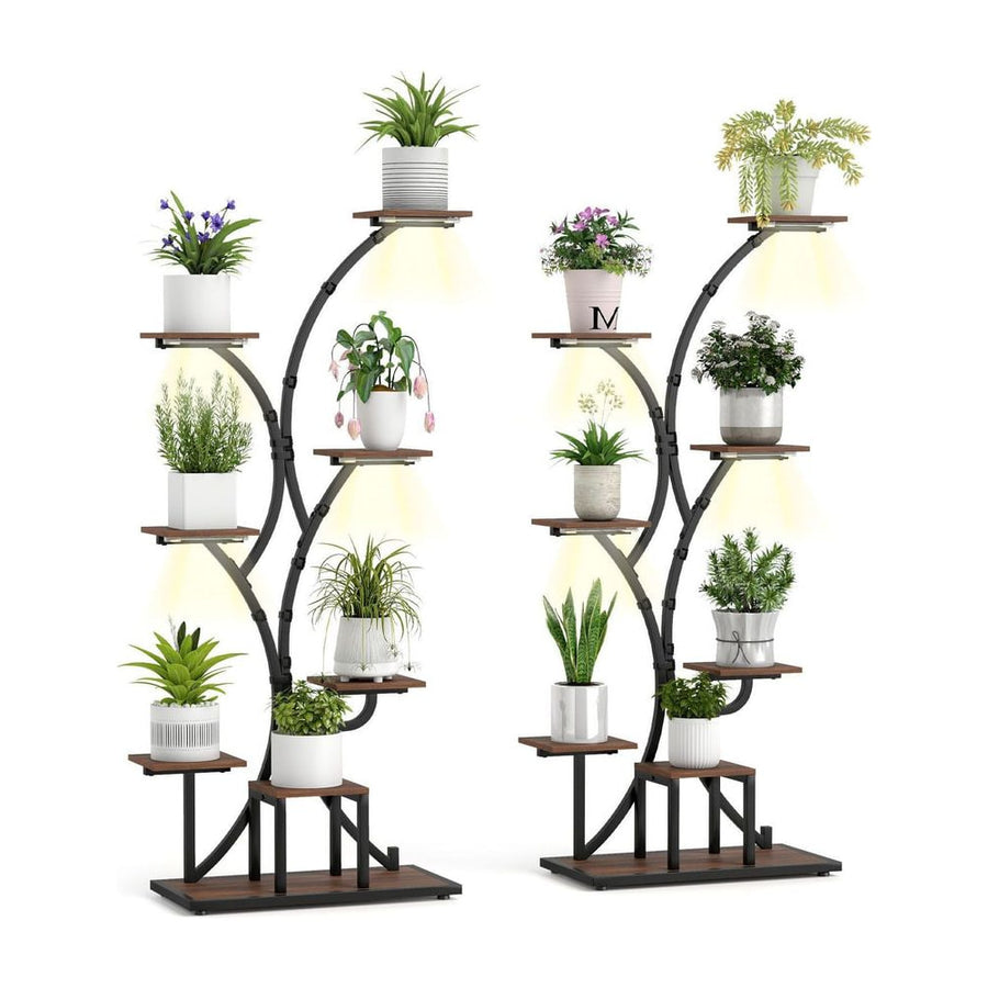 Tall 8-Tier Corner Metal Plant Shelf Set of 2 for multiple plants in brown