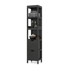 Tall Bath Storage Unit with 2 Deep Box Drawers, a black tall bathroom storage unit with shelves and two drawers