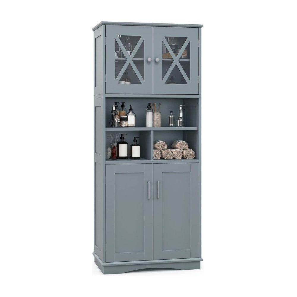 Tall Bathroom Floor Storage Cabinet with acrylic doors and 3 cubes in grey