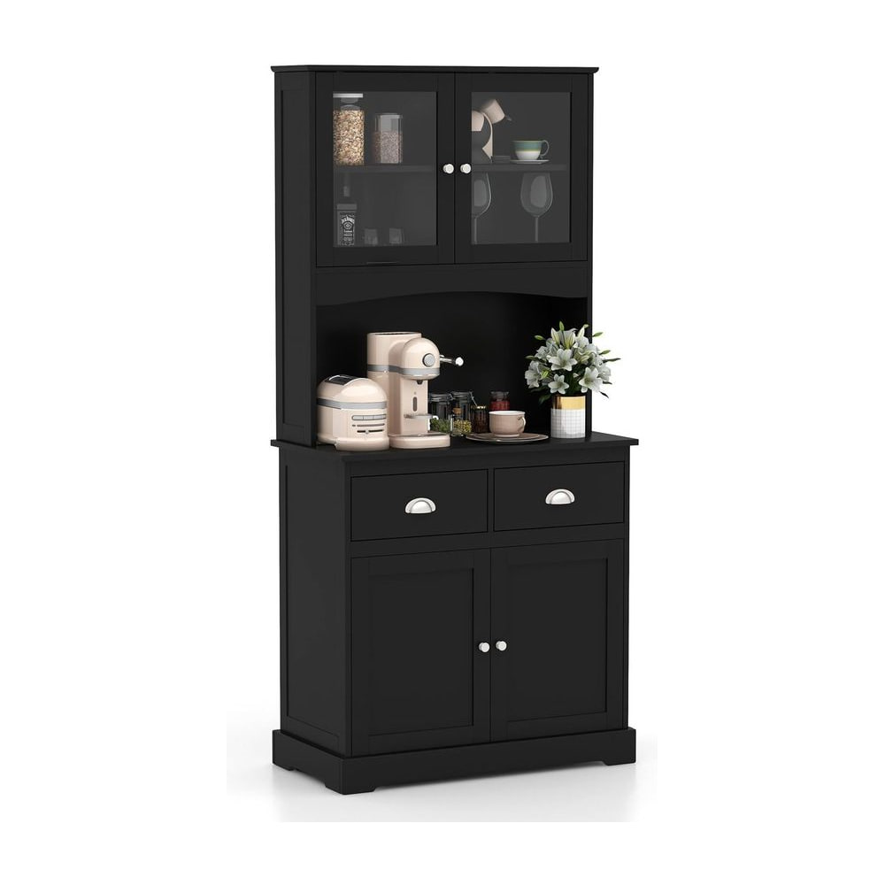 Tall Storage Cabinet with a microwave stand and glass doors in a plain black finish