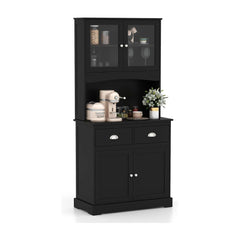 Tall Storage Cabinet with a microwave stand and glass doors in a plain black finish