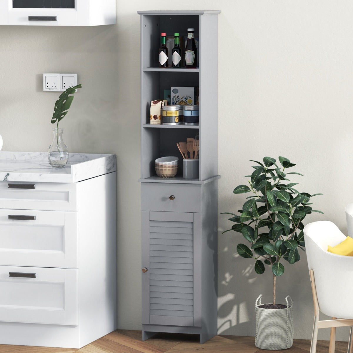 Tall Bathroom Cabinet with Adjustable Shelves-Grey