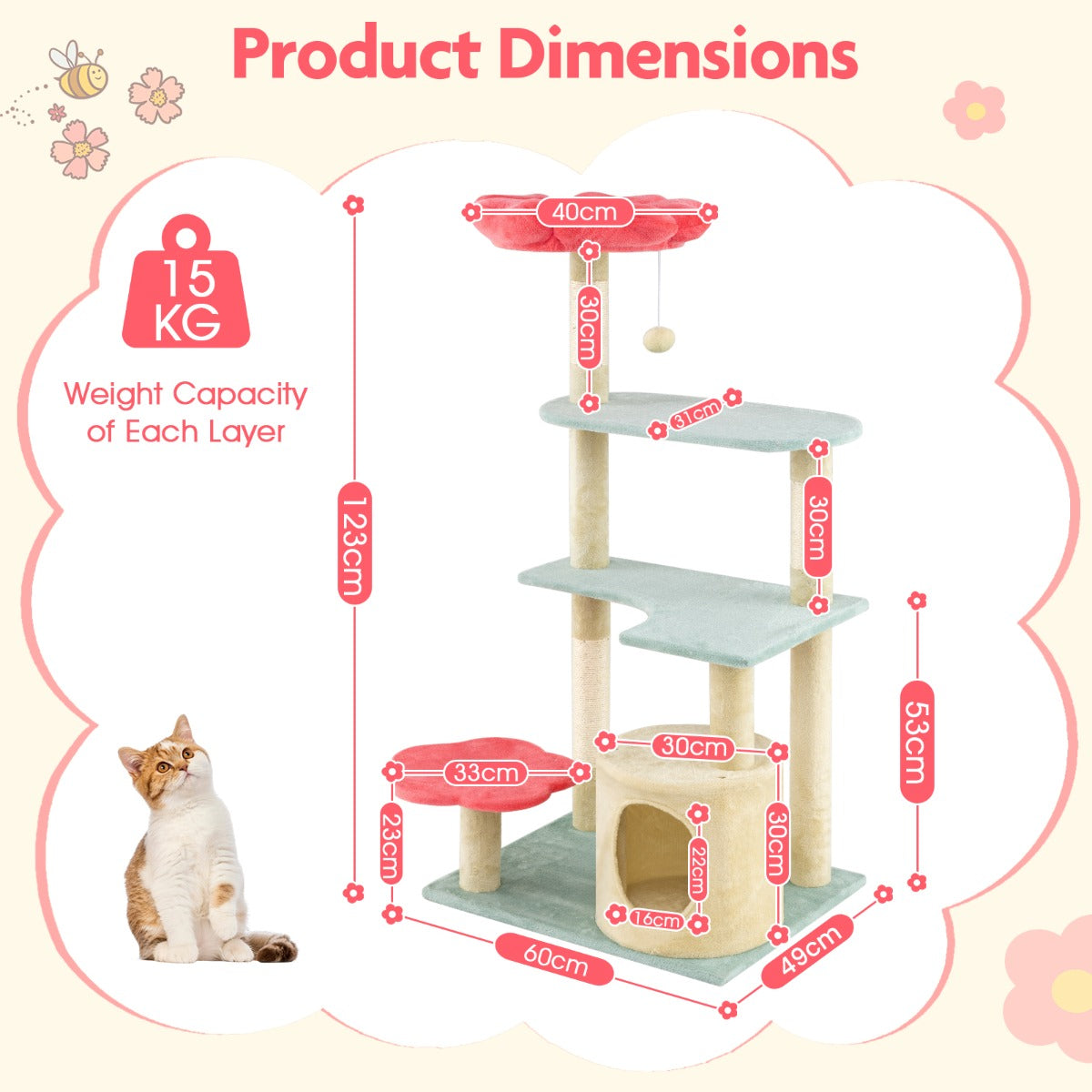 Multi-Level Aesthetic Floral Kitten Tower with Flower-Shaped Plush Padded Perch-Red