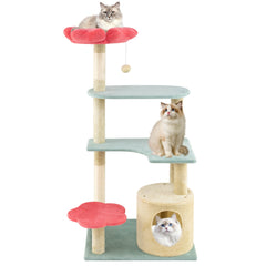 Multi-Level Aesthetic Floral Kitten Tower with Flower-Shaped Plush Padded Perch-Red