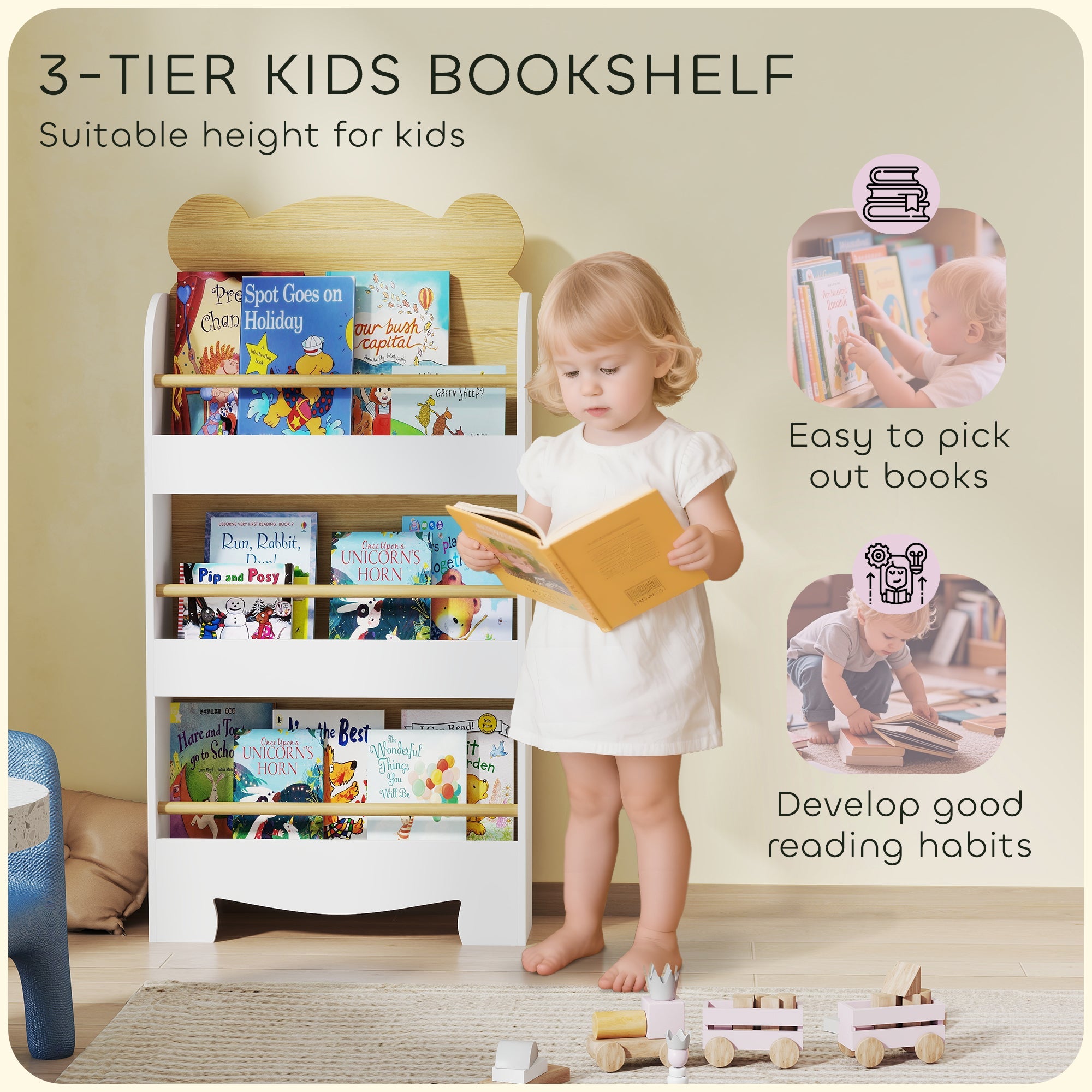 AIYAPLAY Kids Bookshelf, 3 Tier Children Bookcase, Bear Theme Toddler Space-Saving Bookcase for Living Room, White