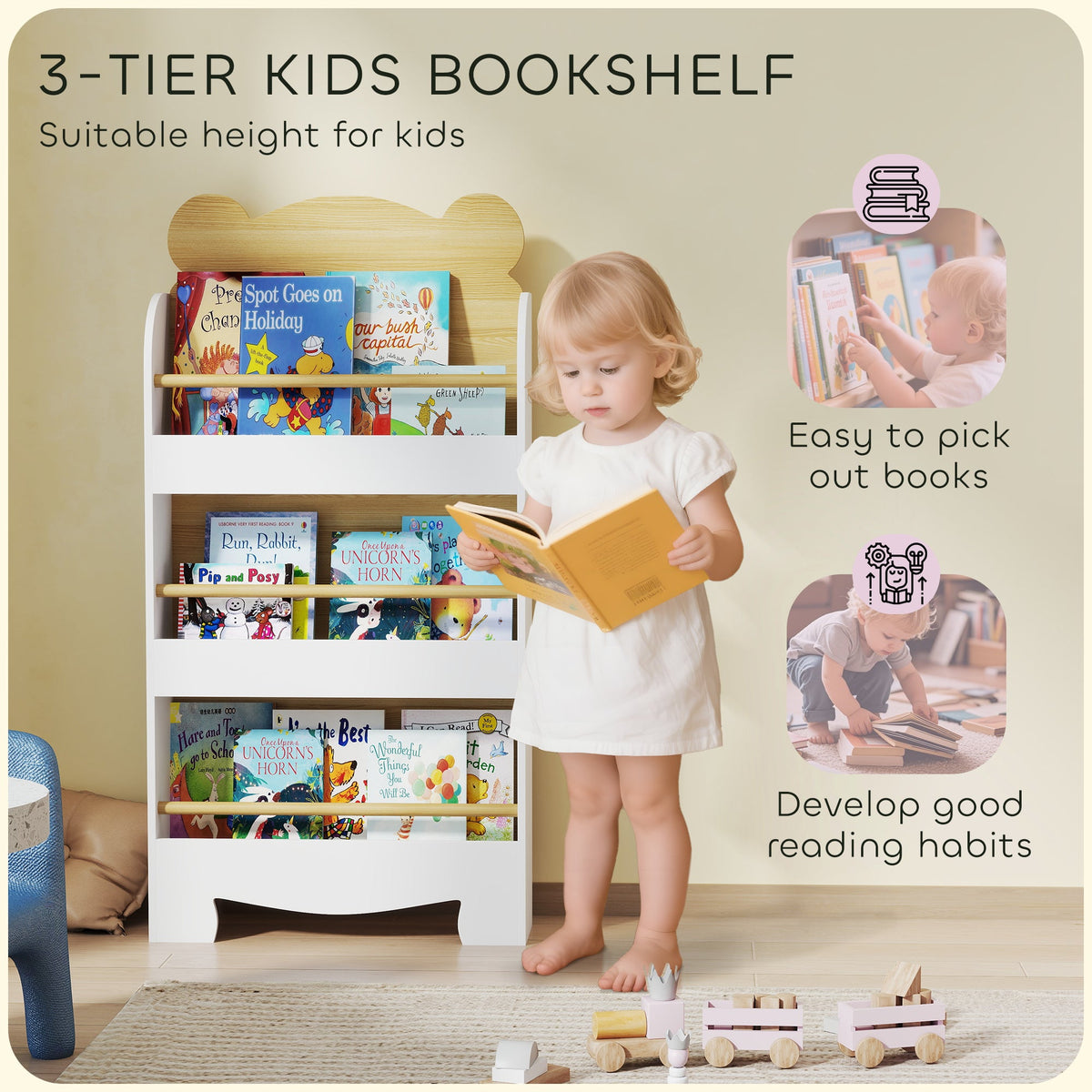 AIYAPLAY Kids Bookshelf, 3 Tier Children Bookcase, Bear Theme Toddler Space-Saving Bookcase for Living Room, White