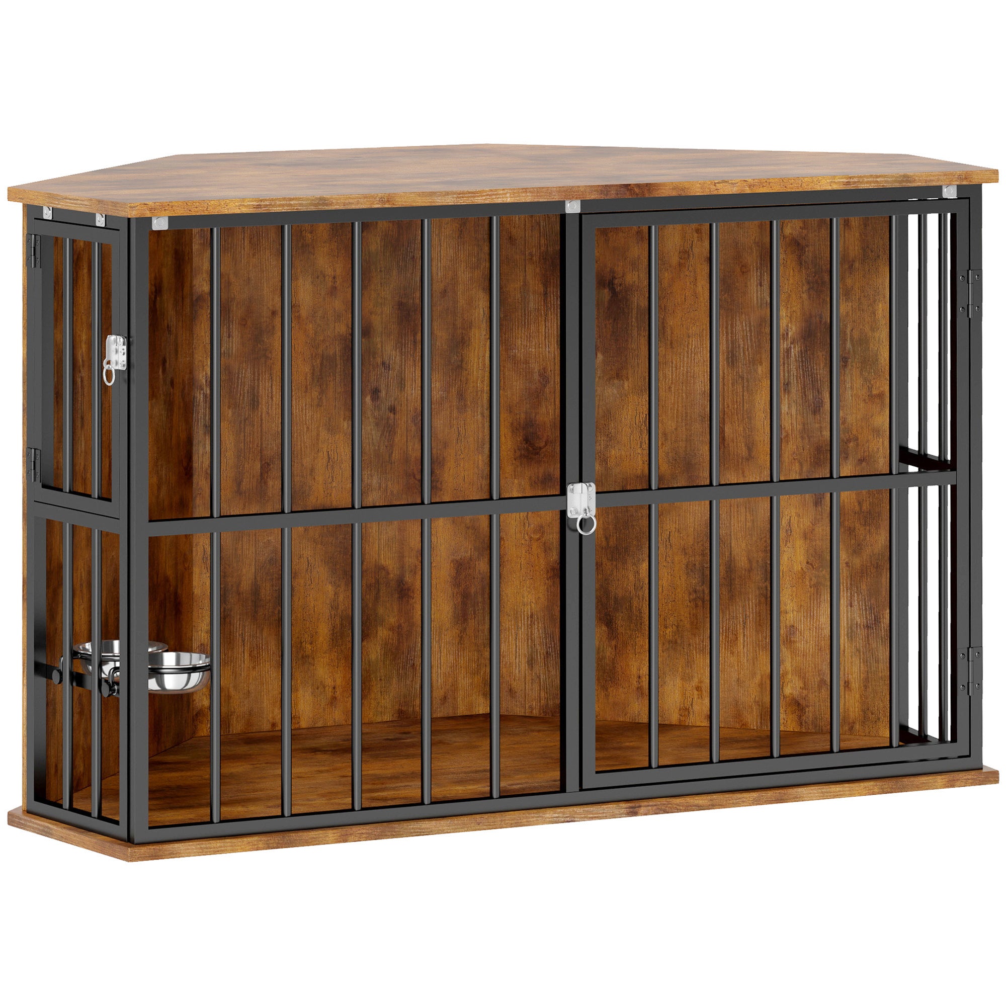 PawHut Corner Dog Crate Furniture with Two Bowls, Lockable Doors, for Small, Medium Dogs, Rustic Brown
