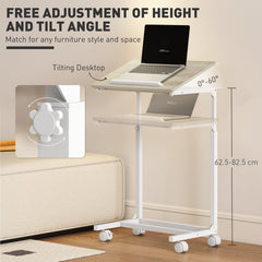 HOMCOM C-Shaped Sofa Side Table, Height Adjustable Overbed Table with Tilting Desktop, Mobile Laptop Desk for Living Room Bedroom, Oak and White