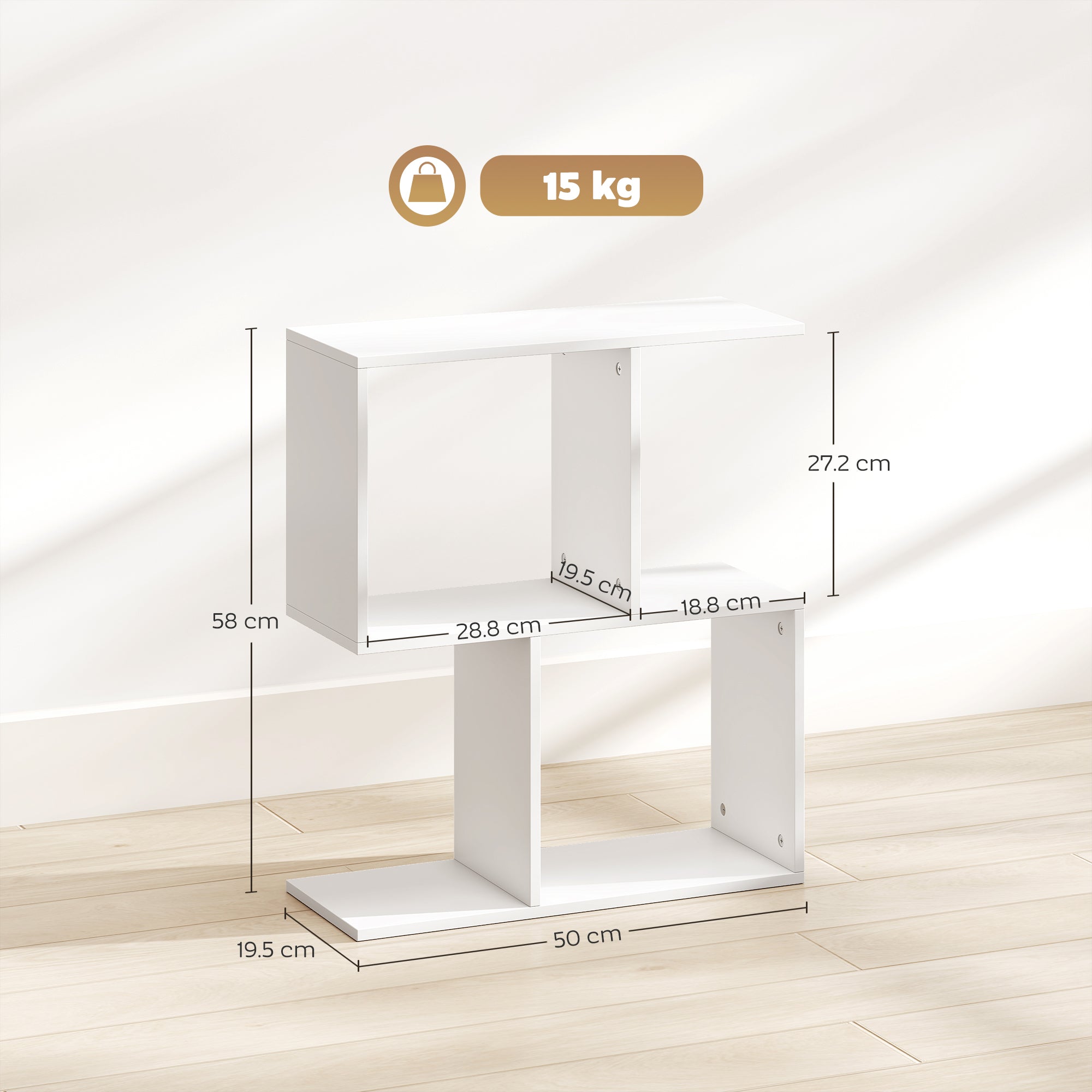 HOMCOM Side Table, Narrow End Table with Storage Shelves, S-Shaped, 3-Tier, 50W x 19.5D x 58H cm, White