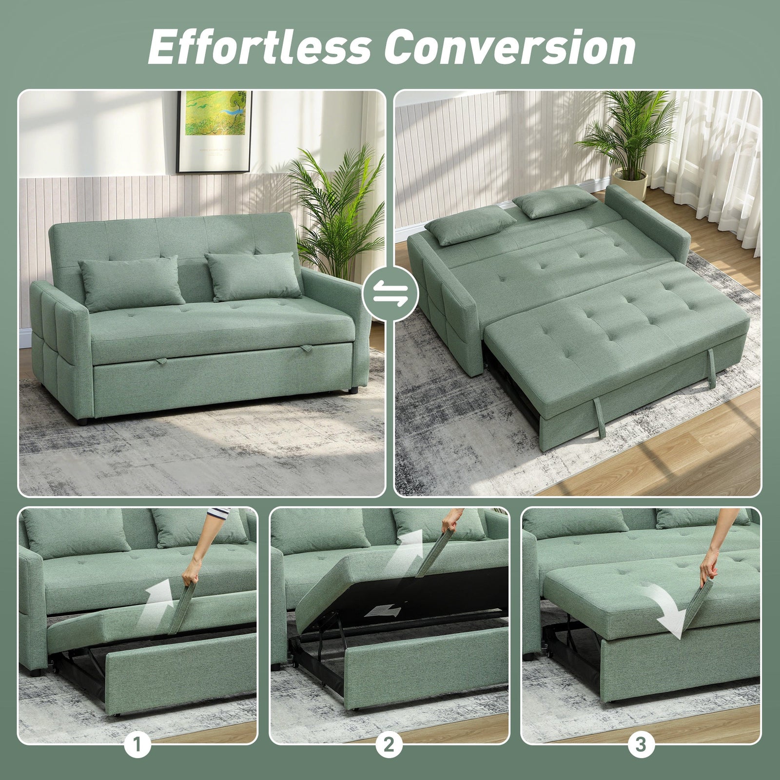 HOMCOM Three-Way 2 Seater Sofa Bed with Three-position back and Two Soft Pillows - Green
