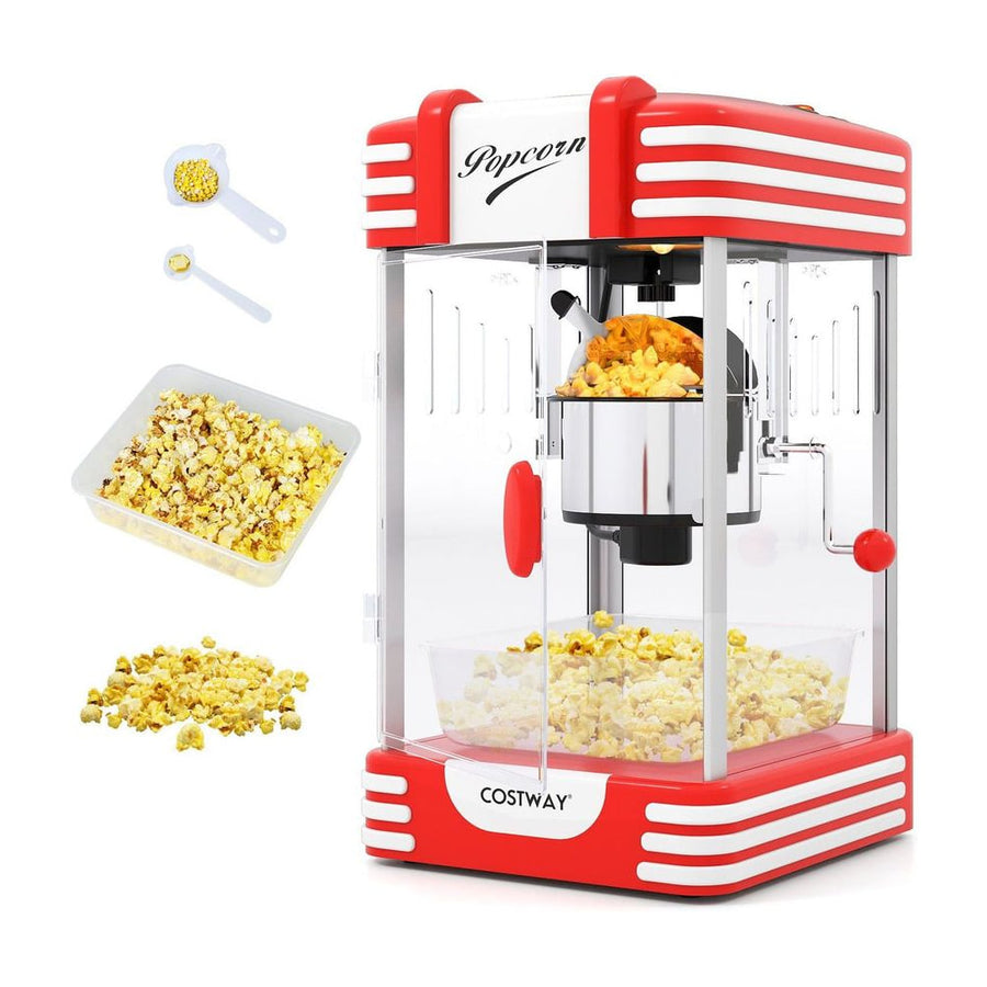 Theater Style Popcorn Machine with Stainless Steel Kettle shown with measuring spoons and popcorn
