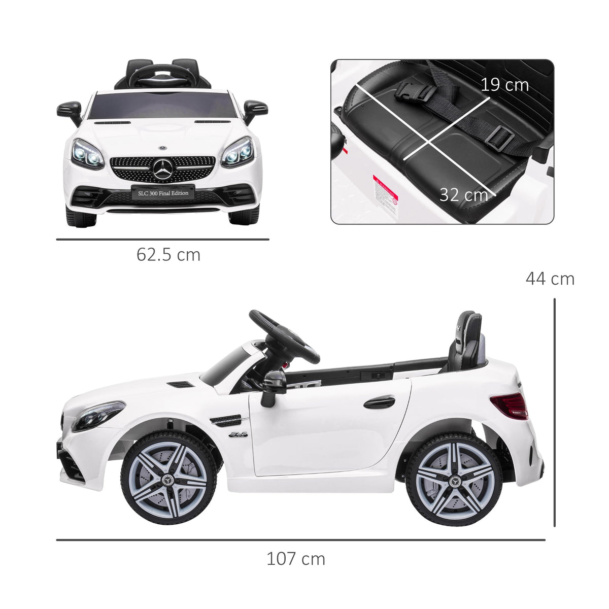 HOMCOM Benz SLC 300 Licensed 12V Kids Electric Ride On, with Music, Remote Control, LED Headlights, Horn, White