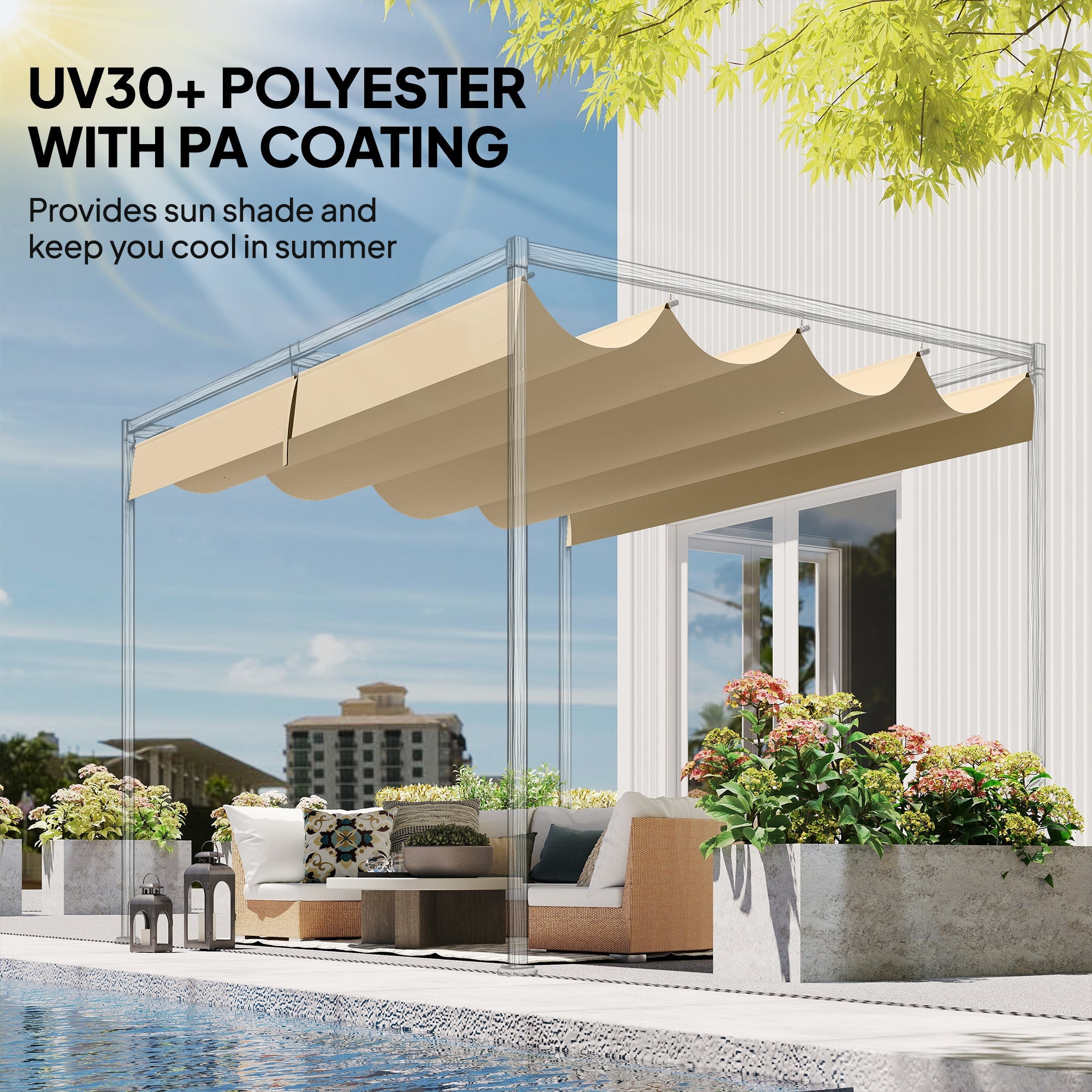 Outsunny Retractable Pergola Canopy Only, 3.92 x 3.5 m, UV30+ Replacement Canopy Cover for 4 x 3 m Pergola, Khaki