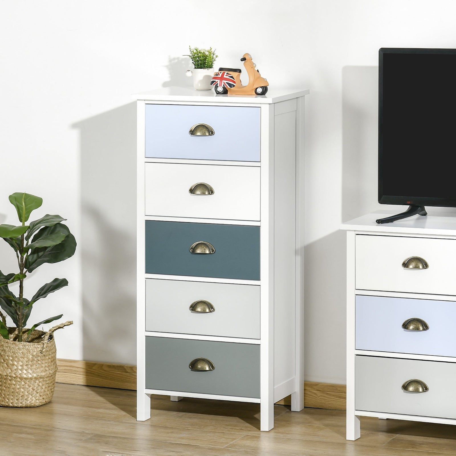 HOMCOM Slim Storage Cabinet Organiser, Chest of Drawers, 5-Drawer Dresser with Metal Handle for Living Room, Bedroom, Blue