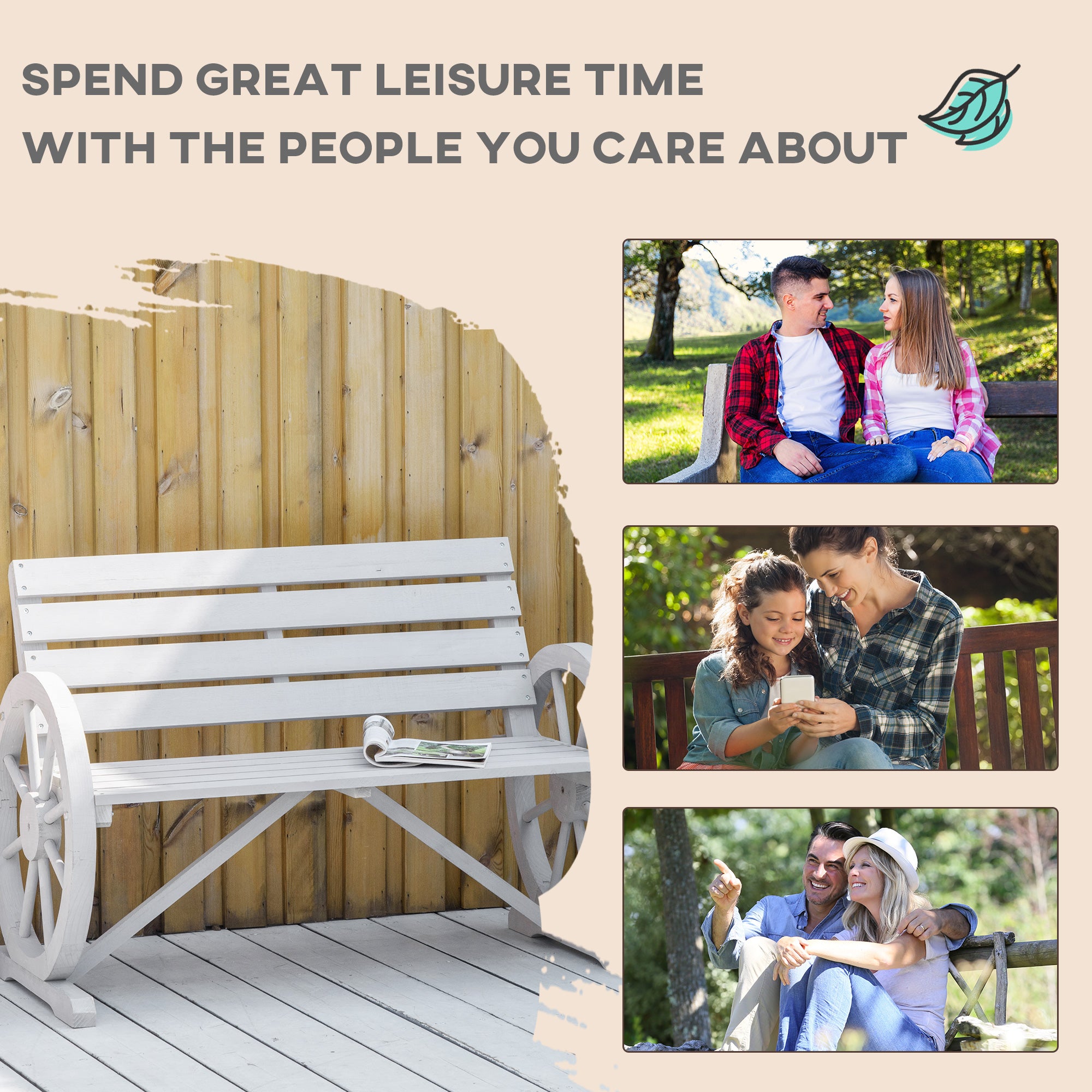 Outsunny Wooden Cart Wagon Wheel 2 Seater Garden Bench Outdoor Garden Armrest Chair Rustic High Back Loveseat Grey