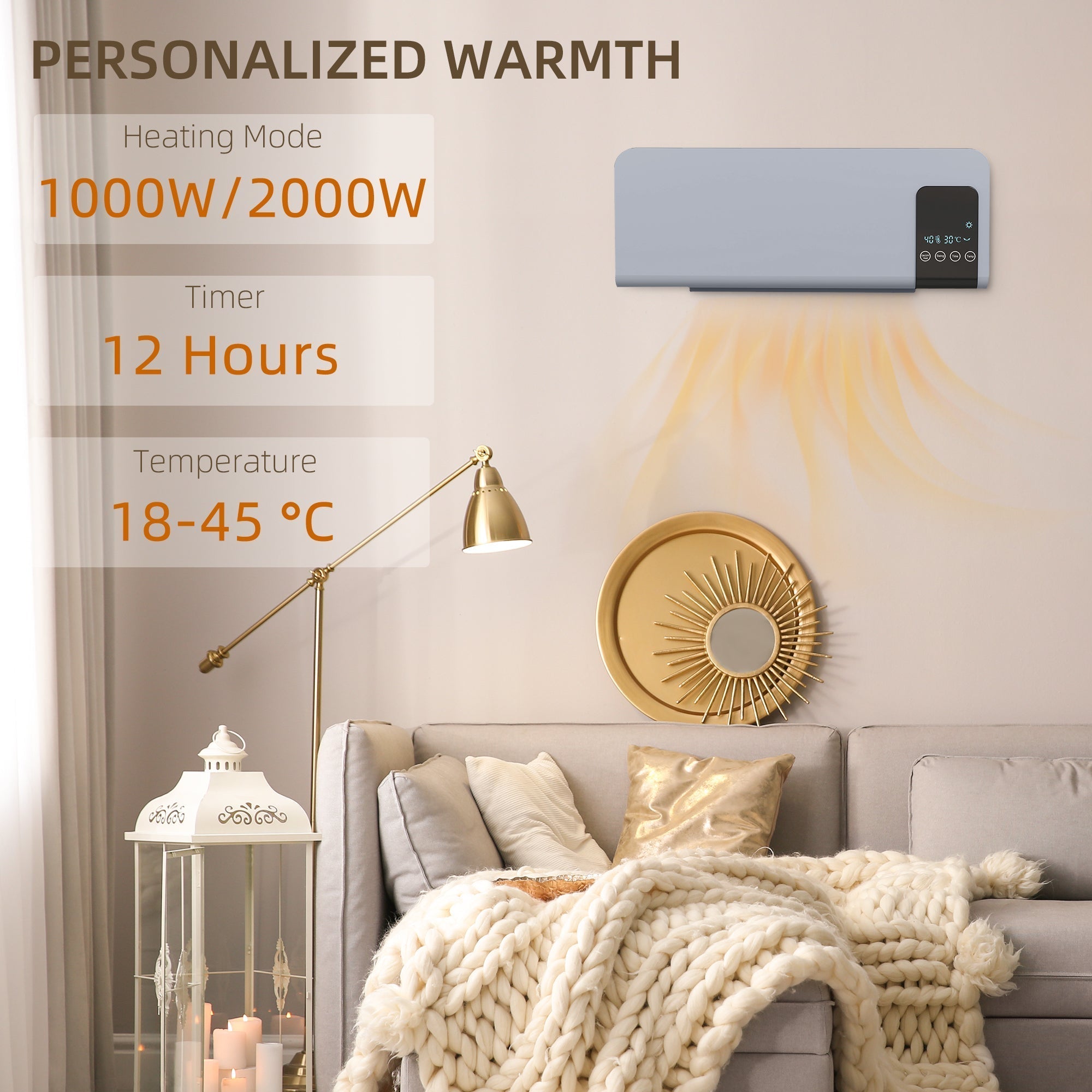 HOMCOM 2000W Wall Mounted Heater, 18-45√Ç¬∞C Temperature, Grey