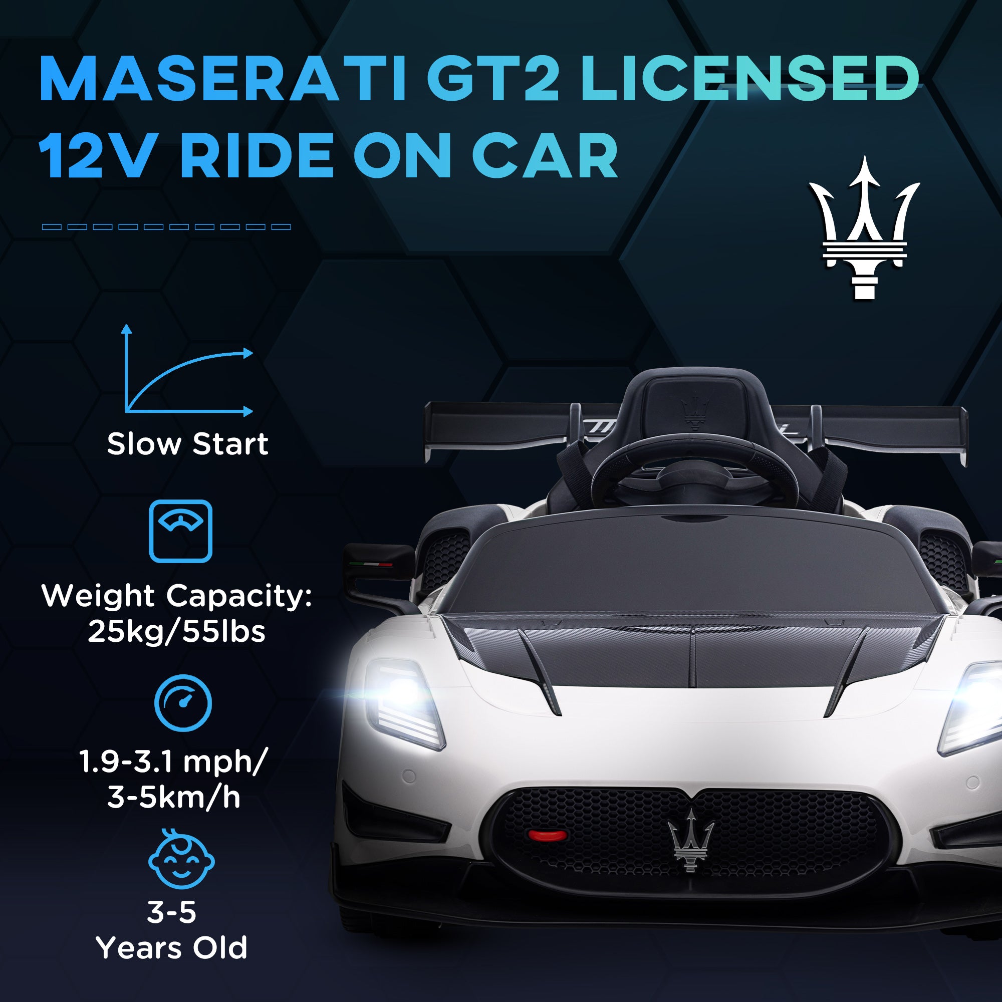 AIYAPLAY Maserati GT2 Licensed 12V Kids Electric Ride on Car with 4 Suspension Wheels, Remote Control, Music, Horn, Lights, White