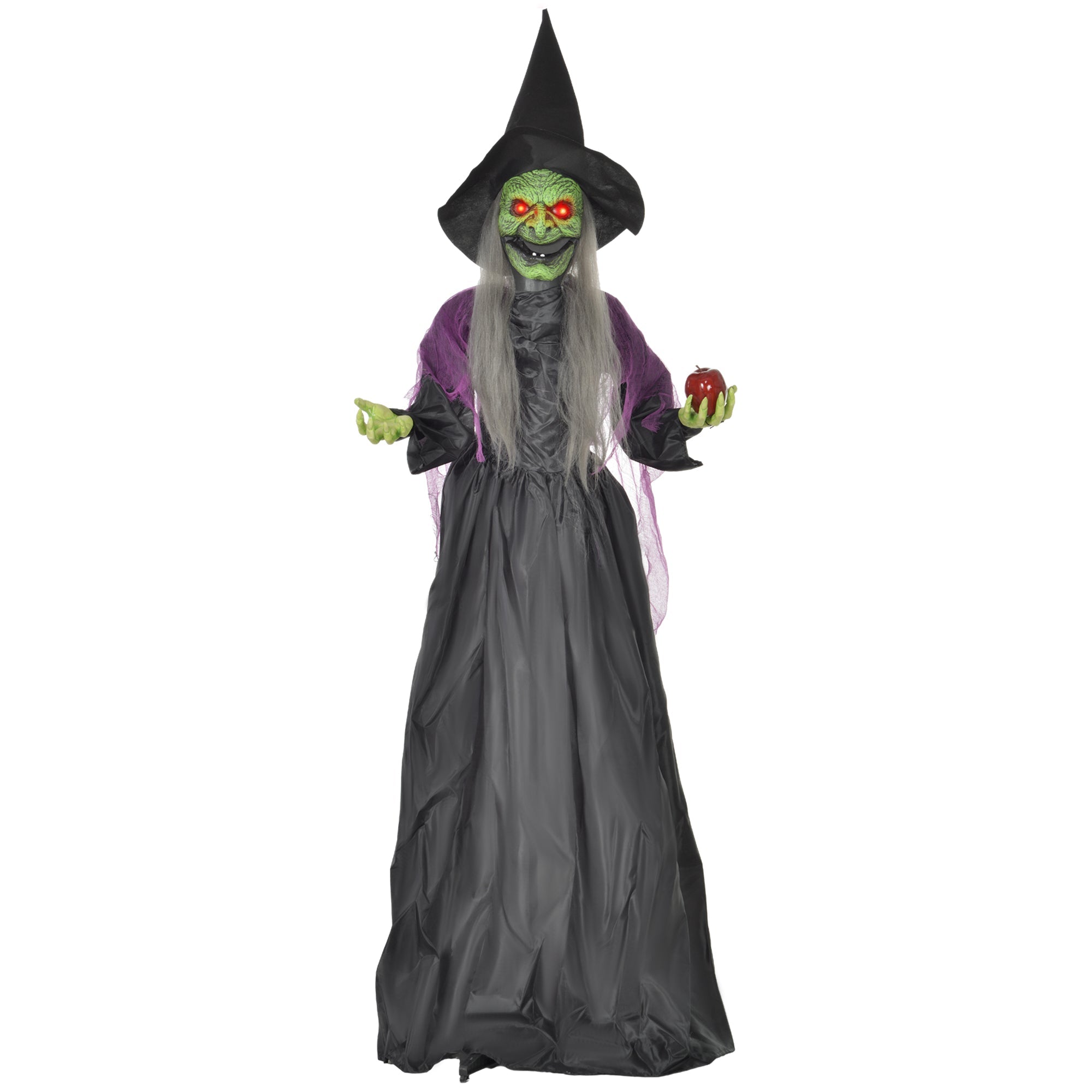 HOMCOM 180 cm Life Size Halloween Animated Standing Witch, Spooky Witch with Glowing LED Eyes, Battery Operated