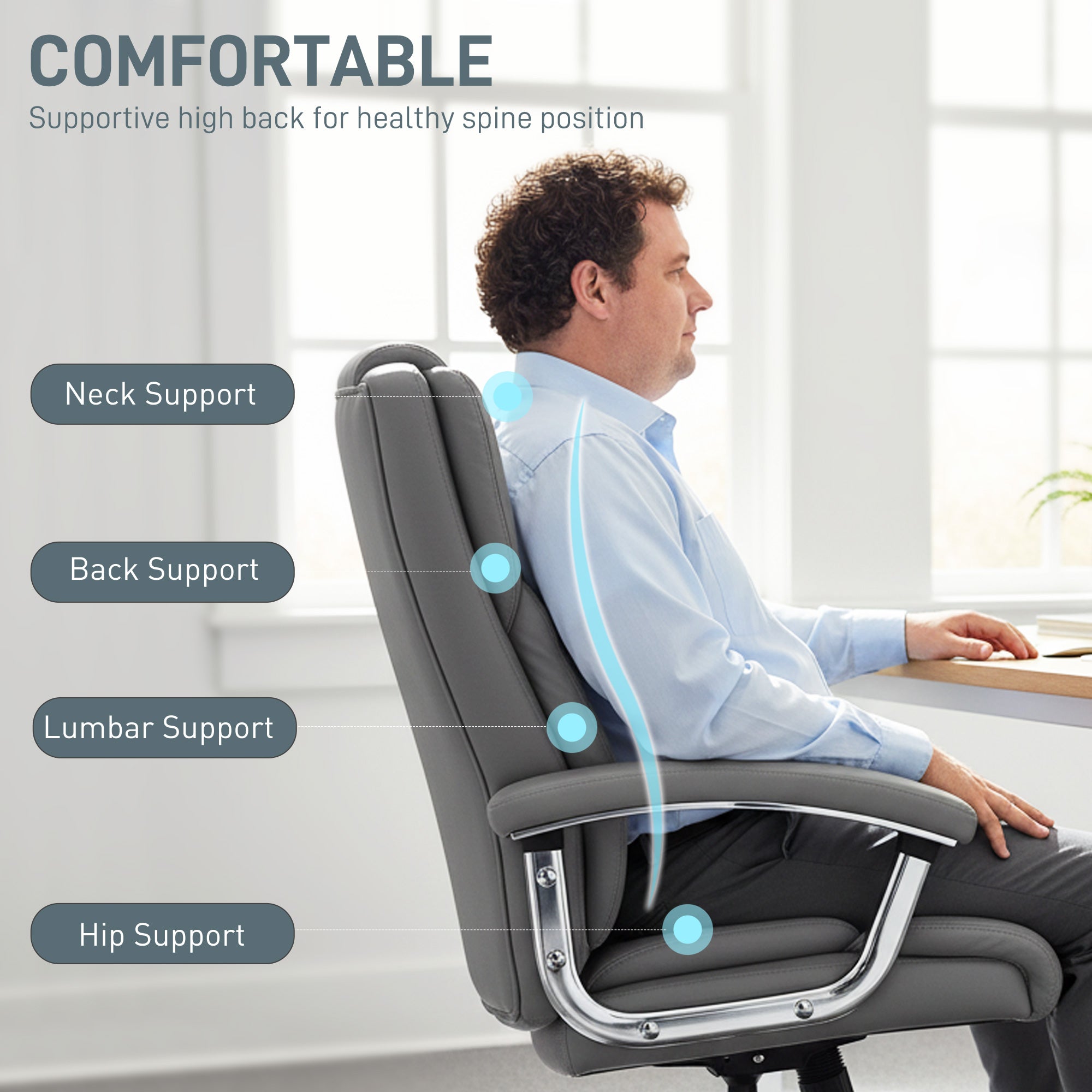 HOMCOM Big and Tall Office Chair 180kg with Spring Cushion, PU Leather - Grey