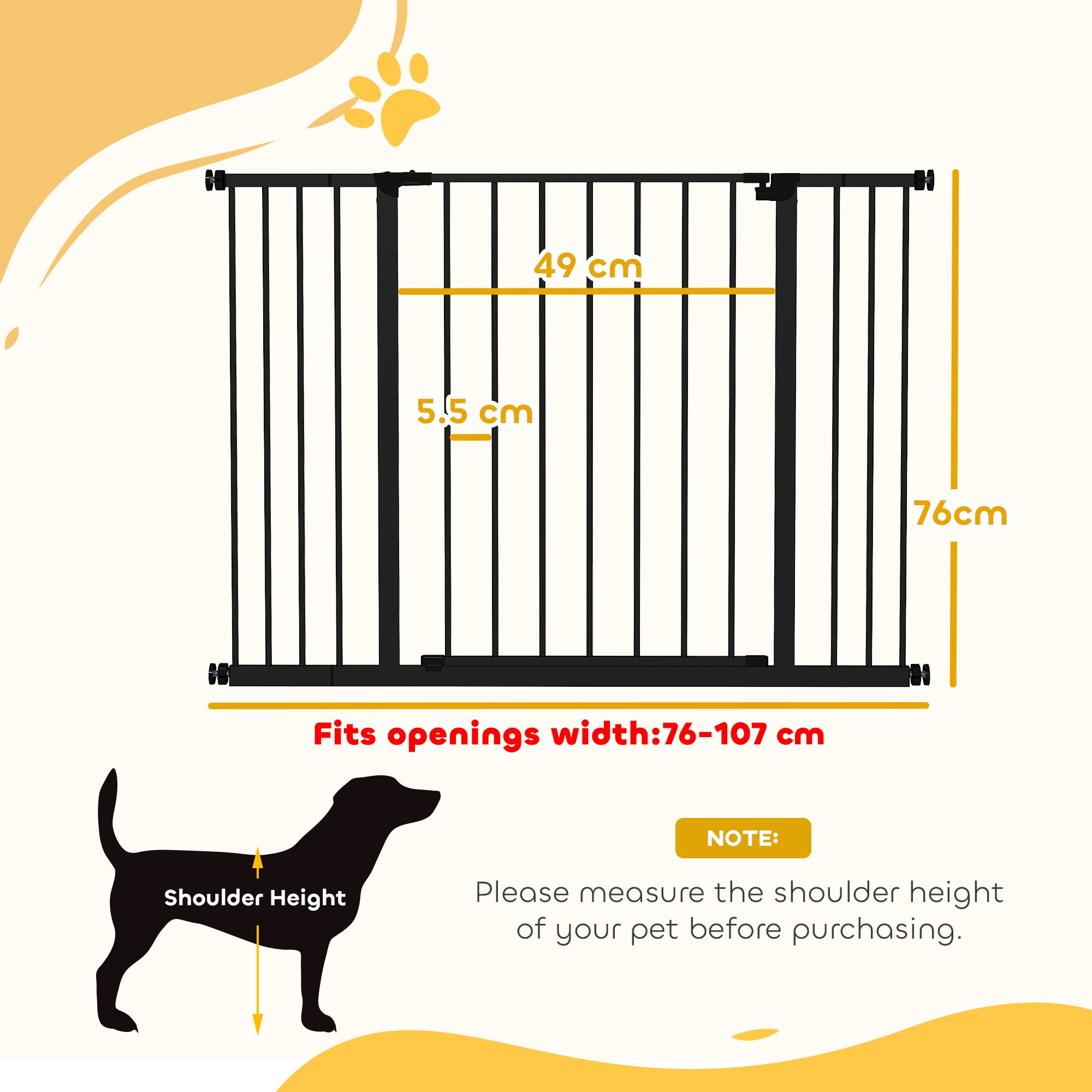 PawHut Dog Gate Pet Safety Gate Stair Barrier Pressure Fit Adjustable 76-82/86-97/101-107 cm, Black