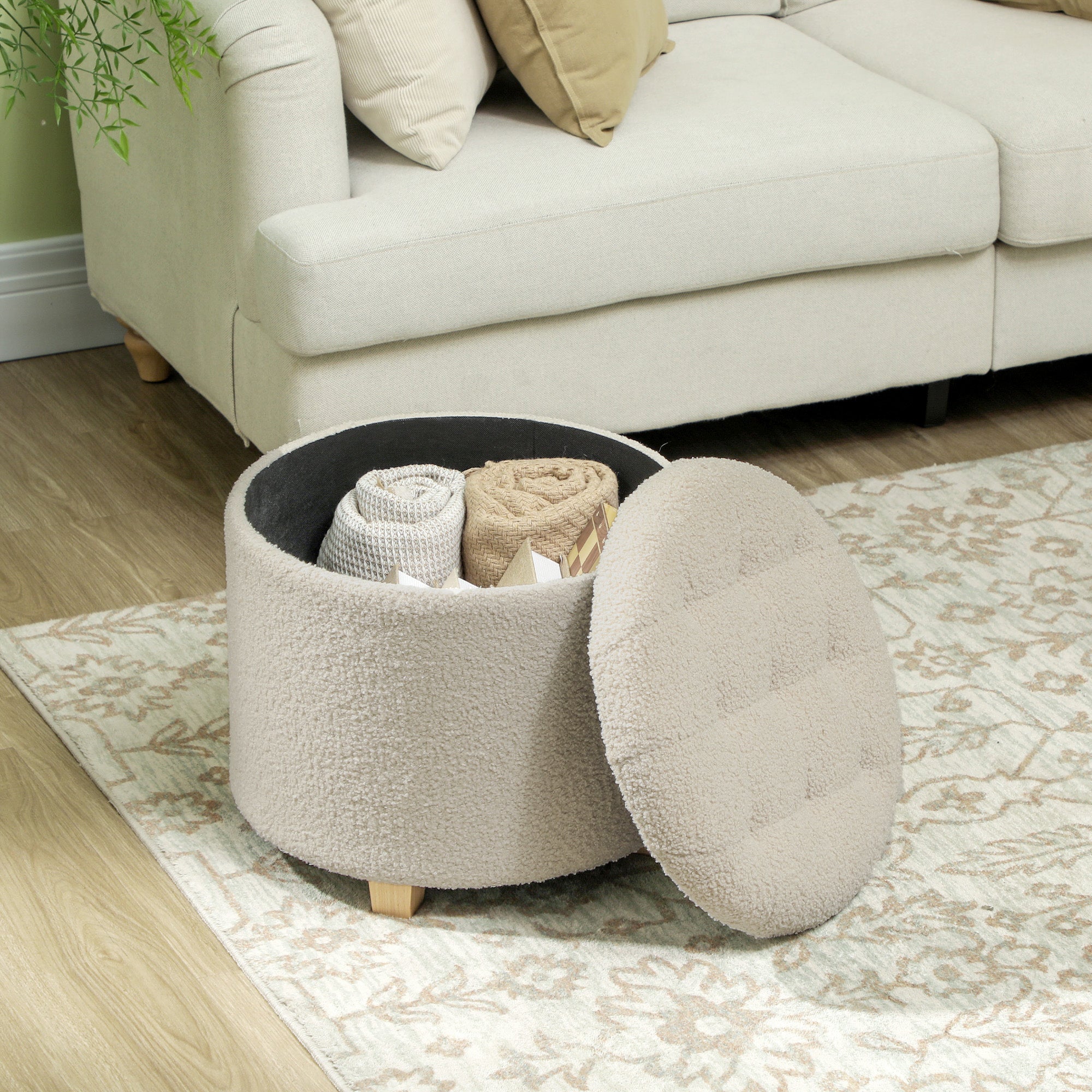 HOMCOM 40.5L Teddy Fleece Storage Ottoman - Cream White