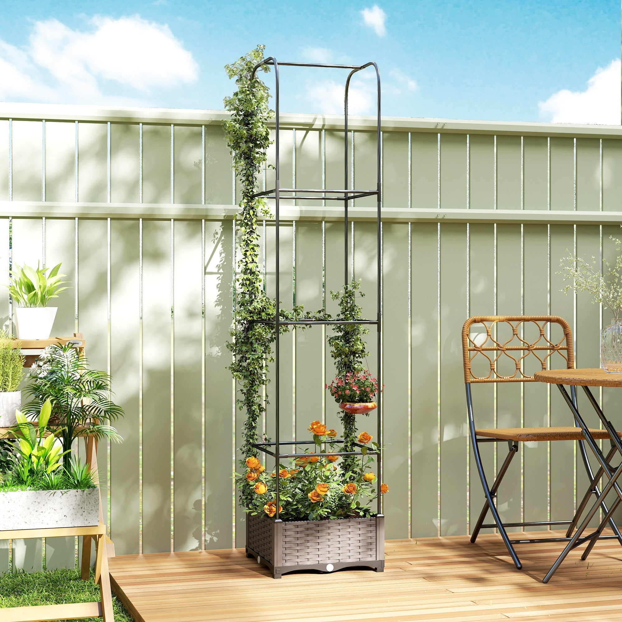 Outsunny Raised Garden Bed with Trellis, Plastic Planter Box with Drainage Holes, Drain Plugs and Water Reservoirs