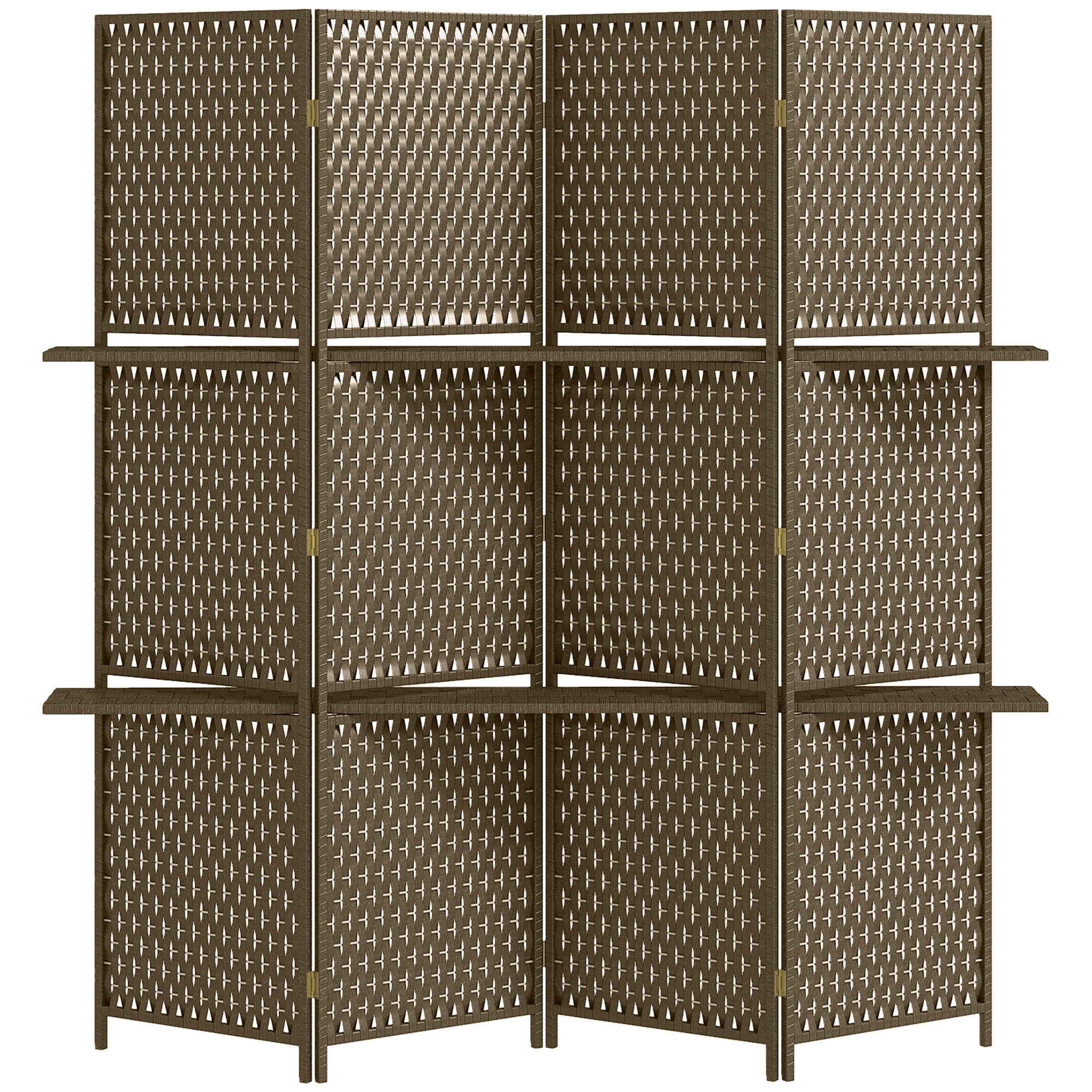 HOMCOM 4-Panel Room Dividers with Shelves, Wave Fibre Freestanding Folding Privacy Screen Panels, Partition Wall Divider for Indoor Bedroom Office, 180√Ç cm, Brown