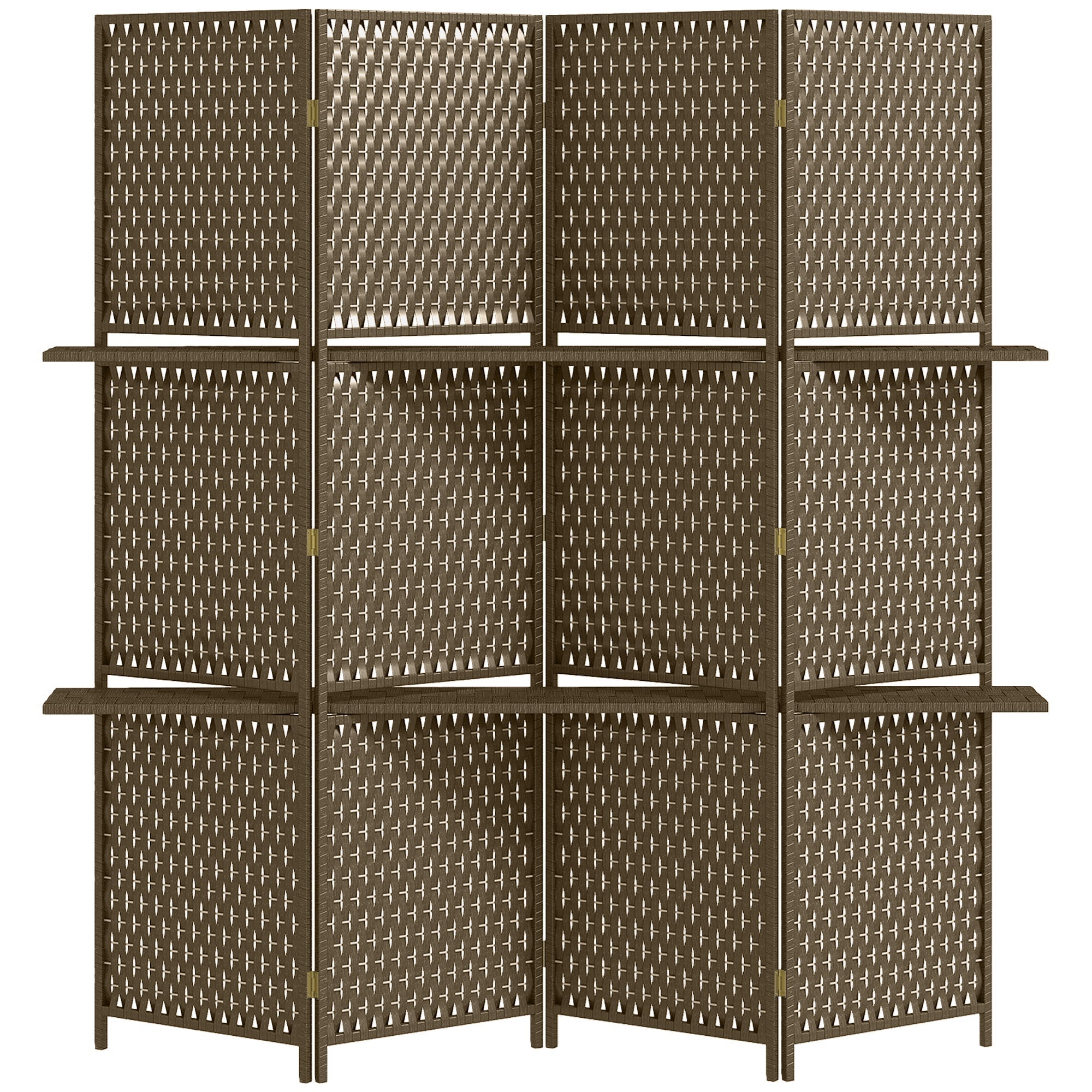 HOMCOM 4-Panel Room Dividers with Shelves, Wave Fibre Freestanding Folding Privacy Screen Panels, Partition Wall Divider for Indoor Bedroom Office, 180√Ç cm, Brown