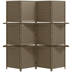 HOMCOM 4-Panel Room Dividers with Shelves, Wave Fibre Freestanding Folding Privacy Screen Panels, Partition Wall Divider for Indoor Bedroom Office, 180Â cm, Brown