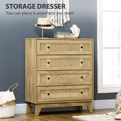 HOMCOM Chest of Drawer with 4 Rattan Drawers, Beside Table with Door, Natural