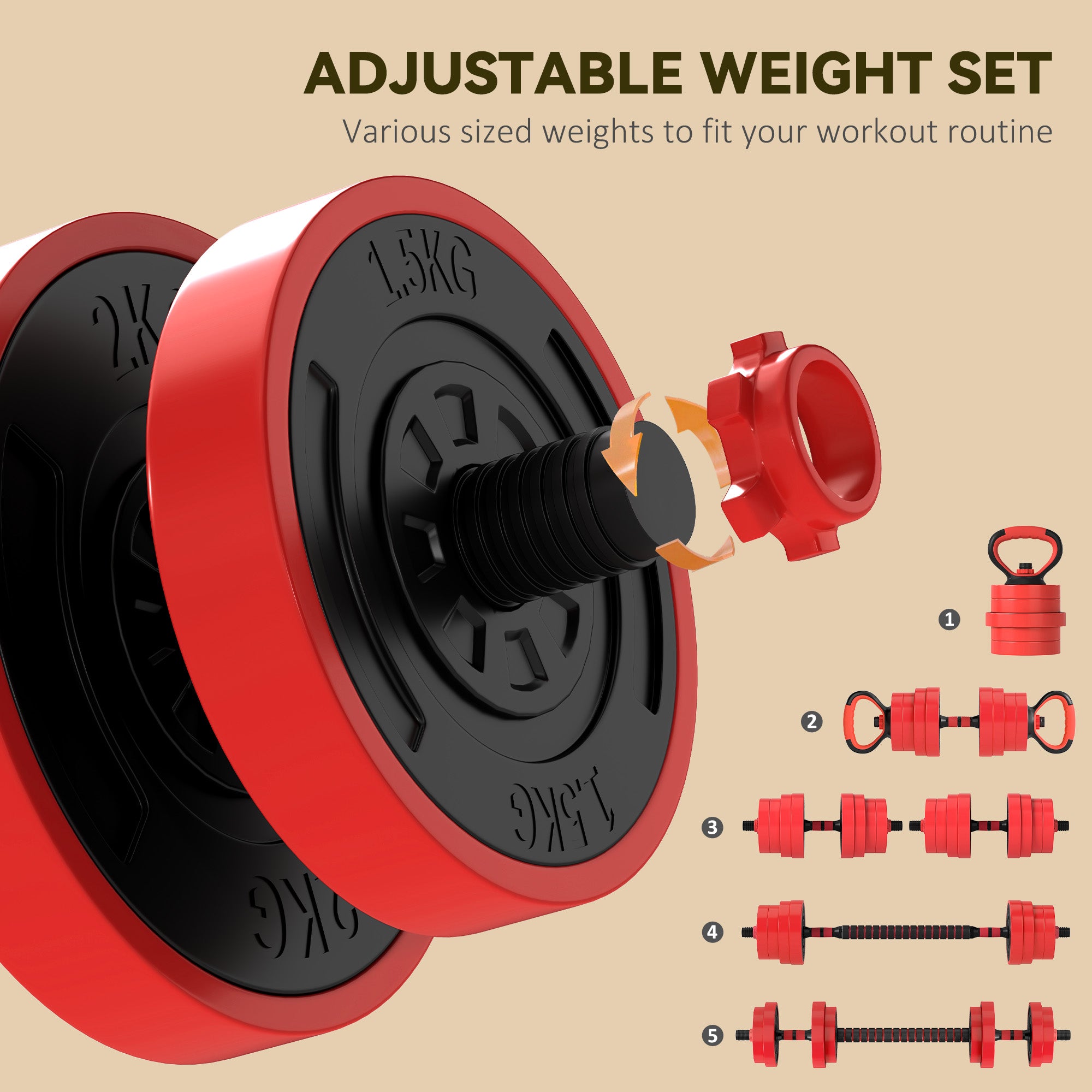 SPORTNOW 30kg Four-In-One Adjustable Weight Dumbbells Set, Barbell, Kettlebell, Push Up Stand - Red