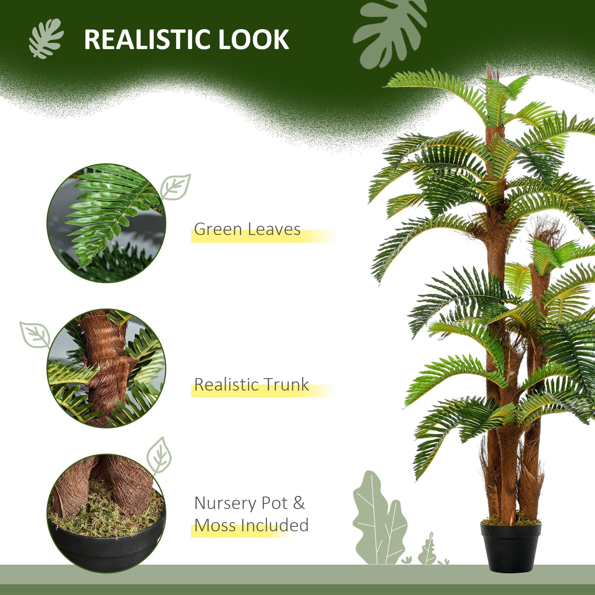 Outsunny Artificial Plant Tropical Fern in Pot, Fake Plants for Home Indoor Decor, 150cm, Green