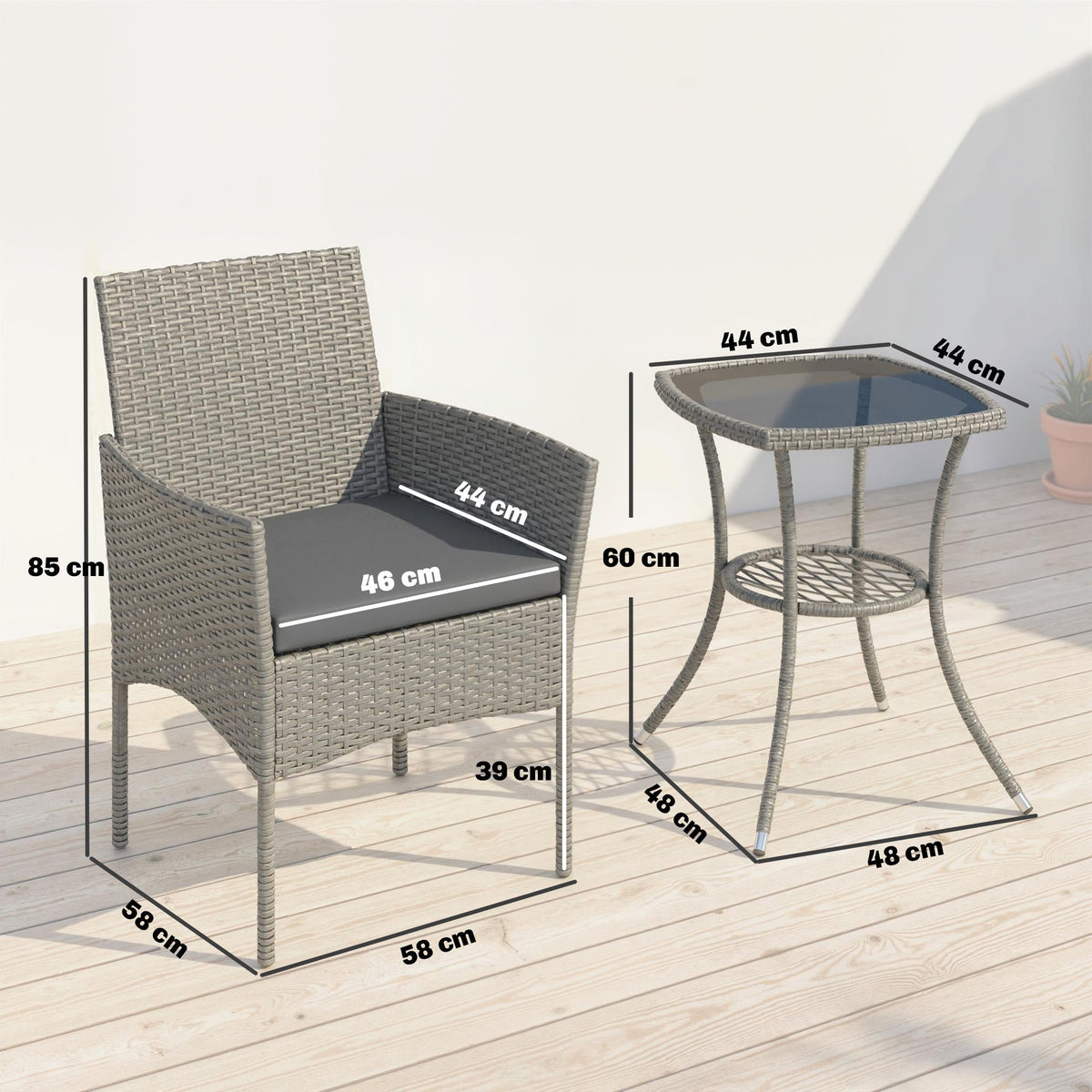 Outsunny 3 Piece Rattan Bistro Set, PE Wicker Garden Furniture Conversation Set with 2 Tier Glass-Top Table, Chairs, Dark Grey