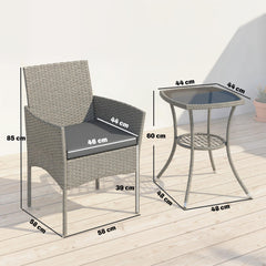 Outsunny 3 Piece Rattan Bistro Set, PE Wicker Garden Furniture Conversation Set with 2 Tier Glass-Top Table, Chairs, Dark Grey