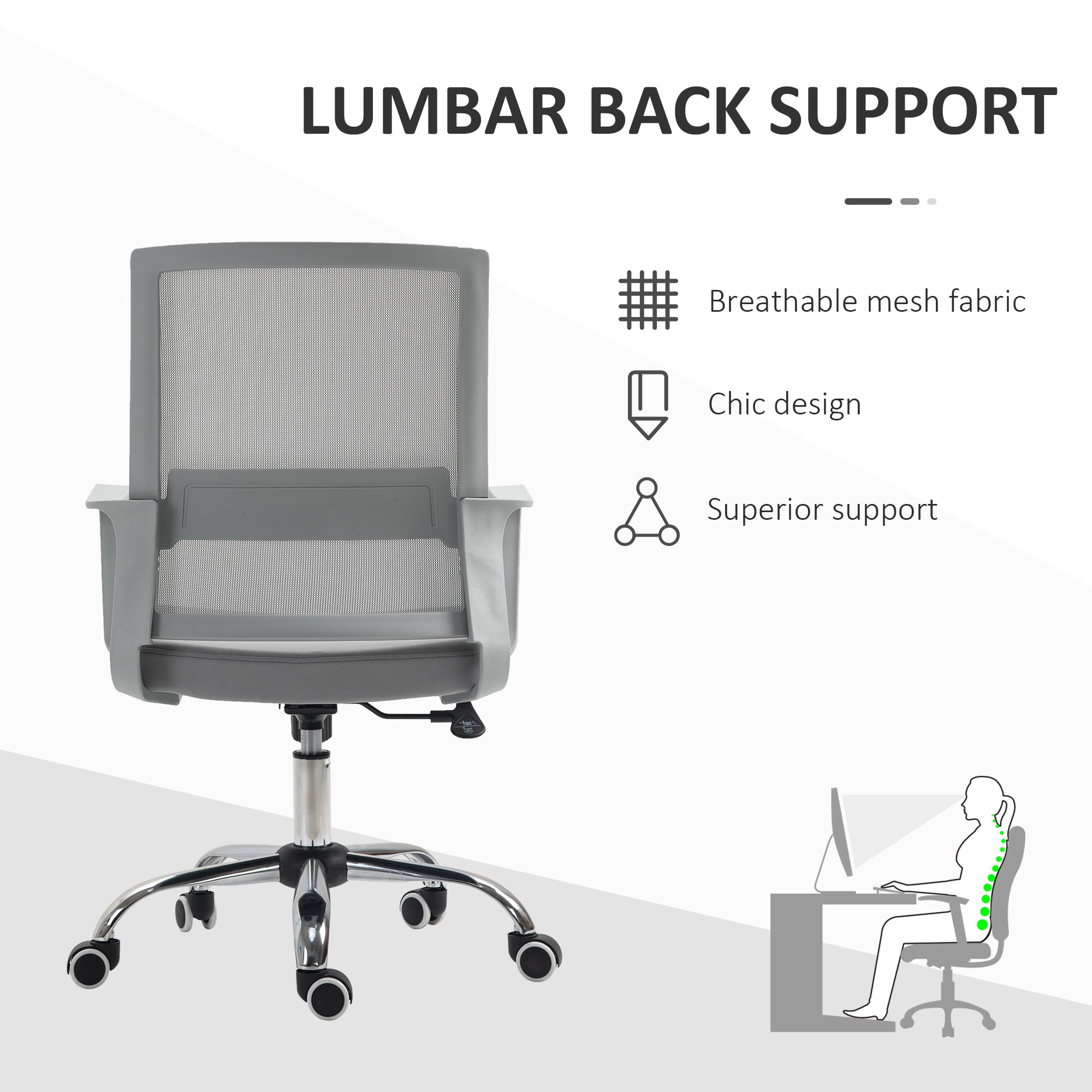 Vinsetto Ergonomic Desk Chair Mesh Office Chair with Adjustable Height Armrest and 360√Ç¬∞ Swivel Castor Wheels Grey