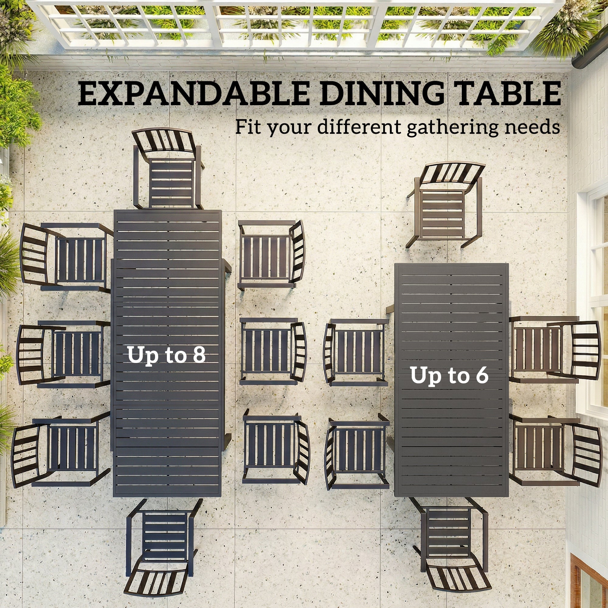 Outsunny Extending Garden Table for 6-8 People, Full Aluminium Outdoor Dining Table with Slatted Top, Dark Grey