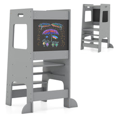Toddler Kitchen Step Stool with activity chalkboard and adjustable height in grey