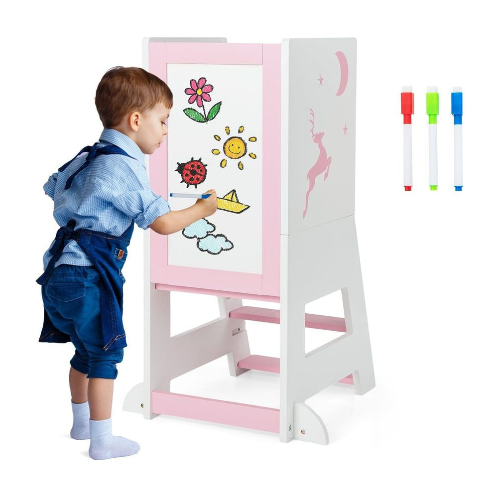 Toddler Kitchen Stool Helper with Chalkboard and Whiteboard in Pink