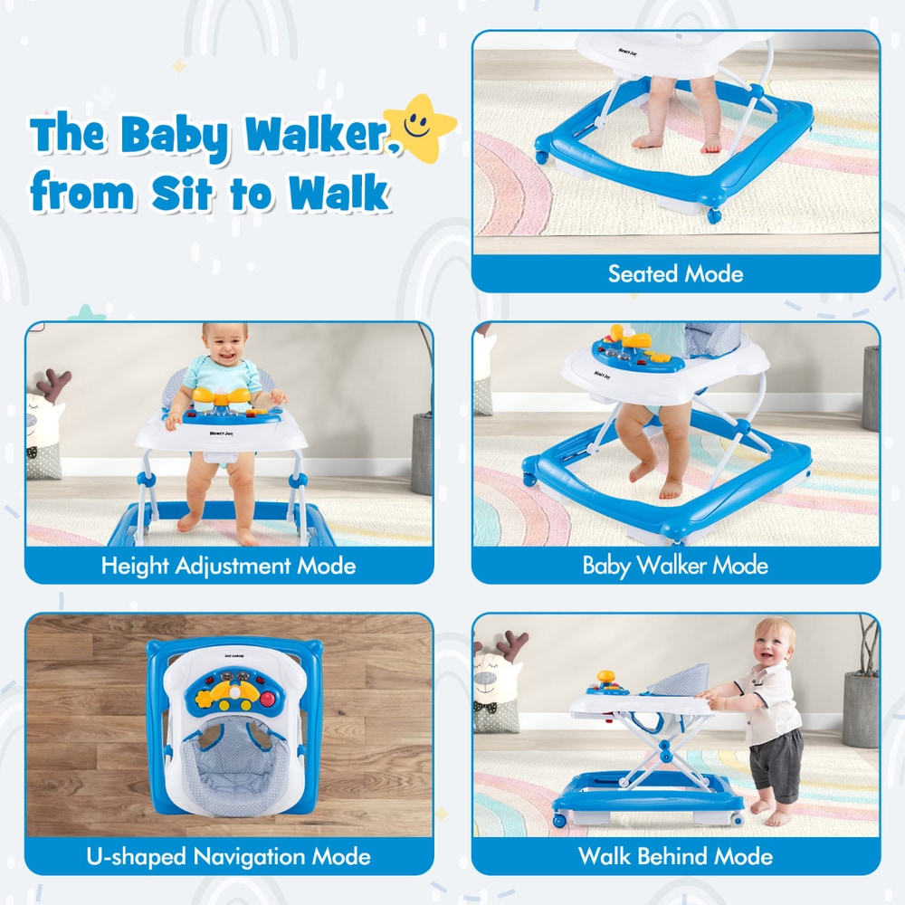 Four modes of the baby walker: seated, baby, U-shaped navigation, and walk behind