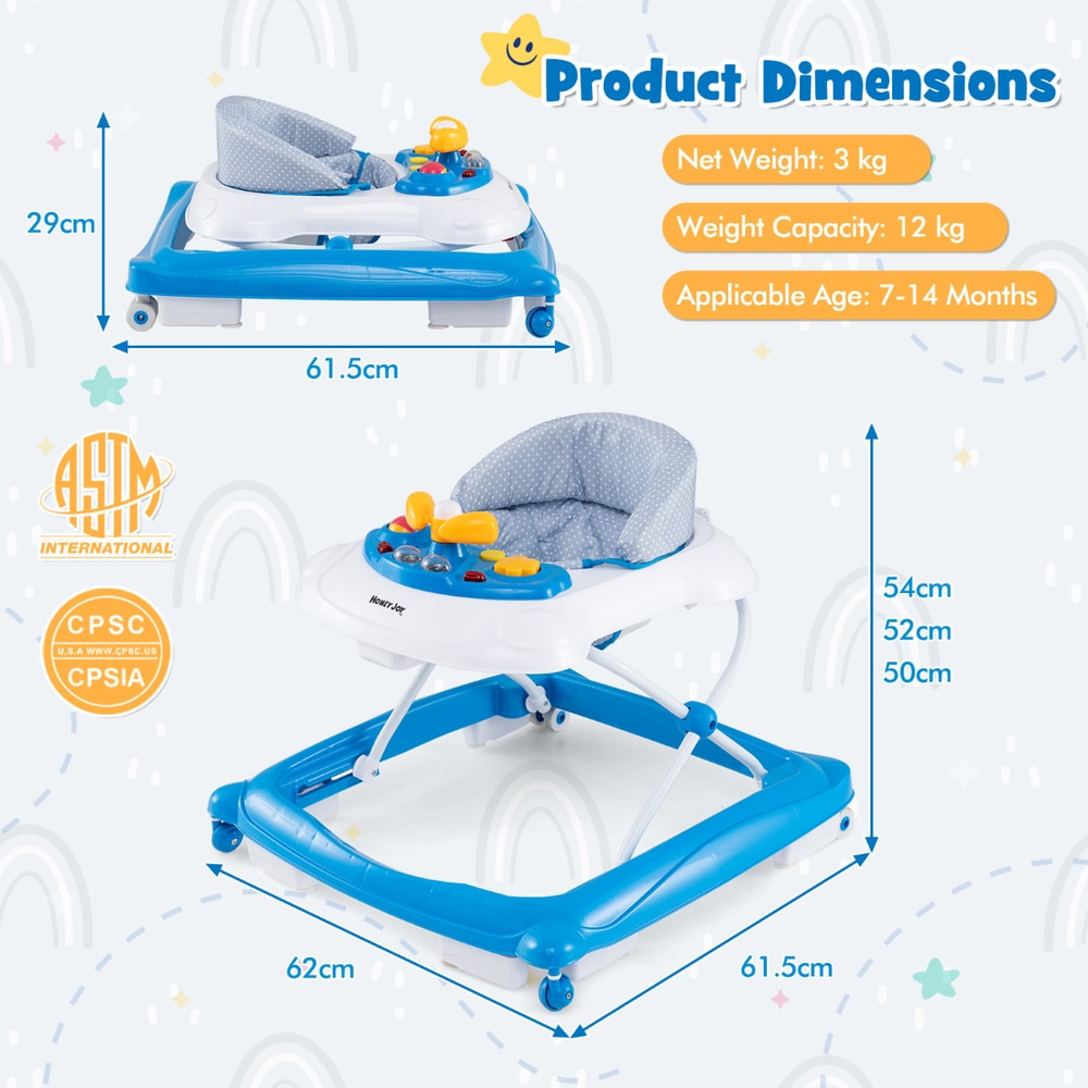Product dimensions diagram for the blue baby walker showing width and depth