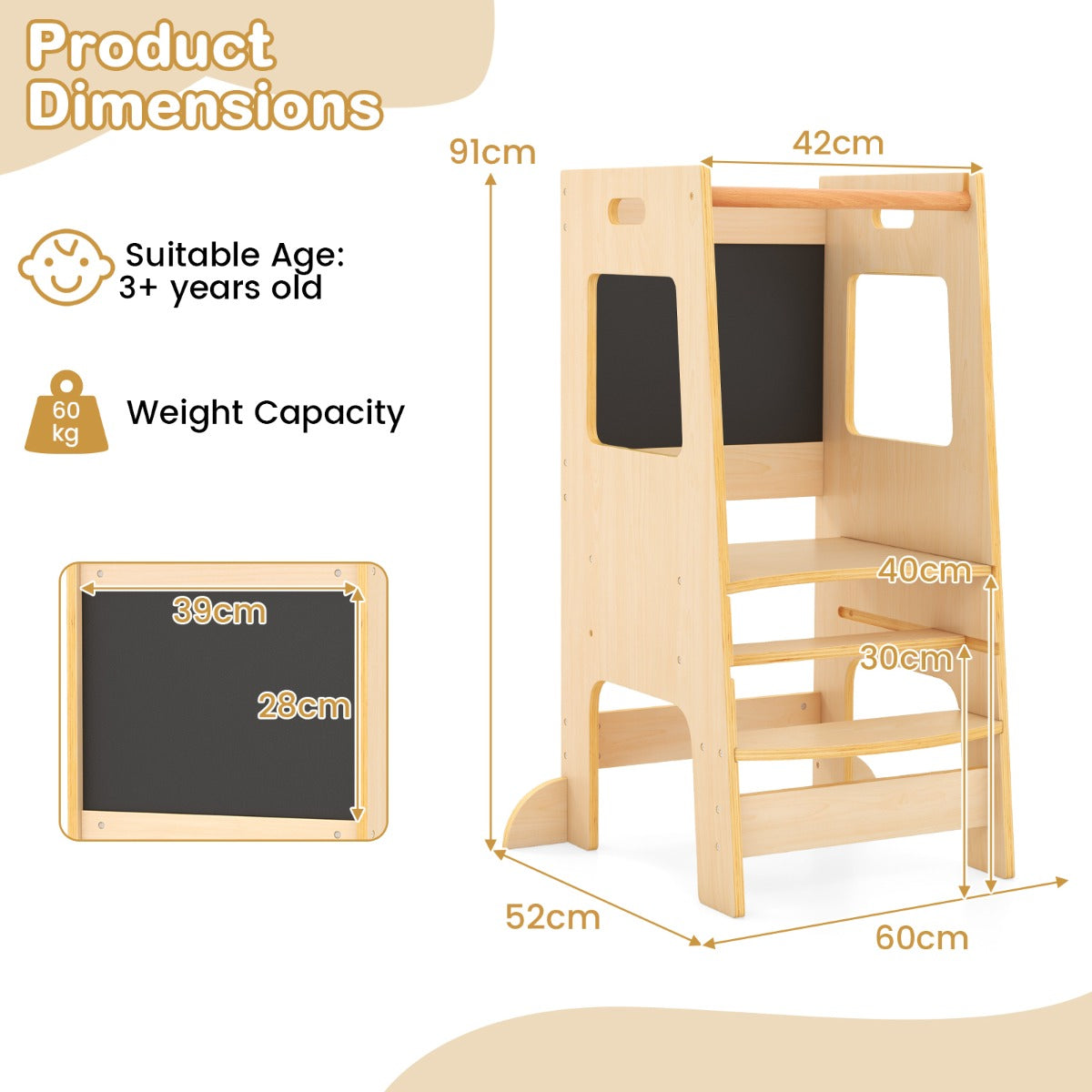 Toddler Kitchen Step Stool with Activity Chalkboard and Adjustable Height-Natural