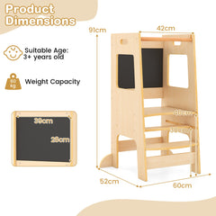 Toddler Kitchen Step Stool with Activity Chalkboard and Adjustable Height-Natural