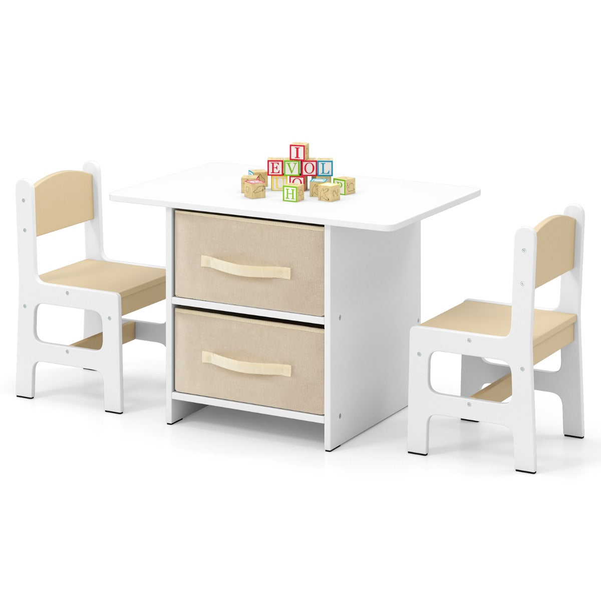 Toddler Wooden Activity Table & 2 Chairs Set with 2 Fabric Storage Bins-Beige