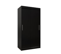 Black sliding door wardrobe, shown against a white background