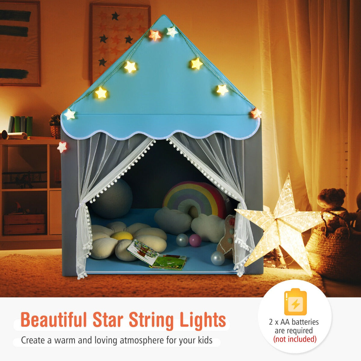 Large Kids Play House with Washable Mat and Star Lights-Blue