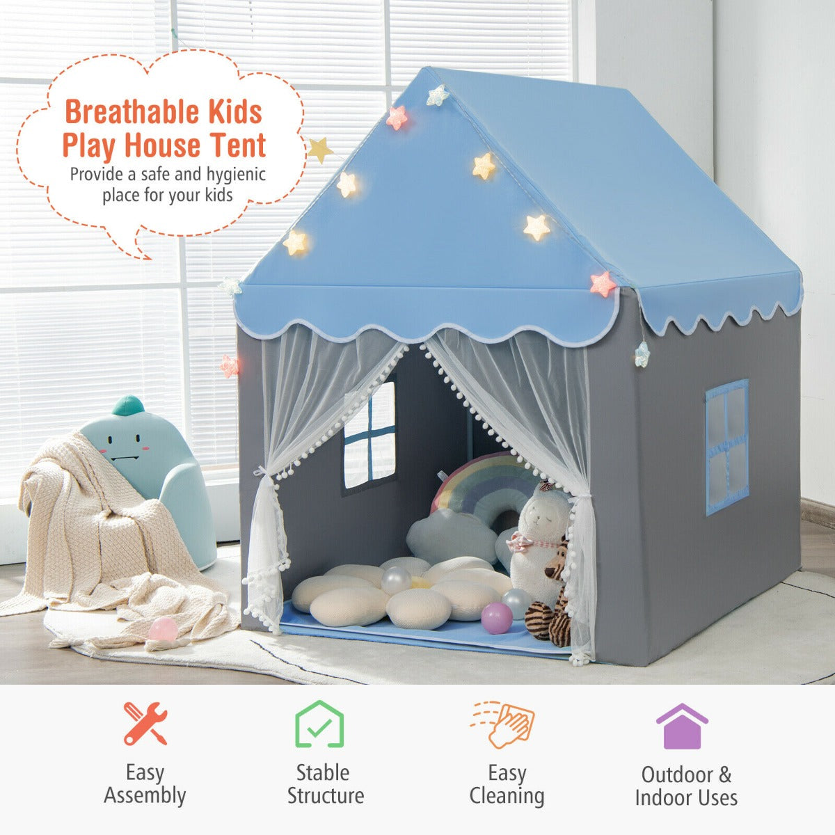 Large Kids Play House with Washable Mat and Star Lights-Blue